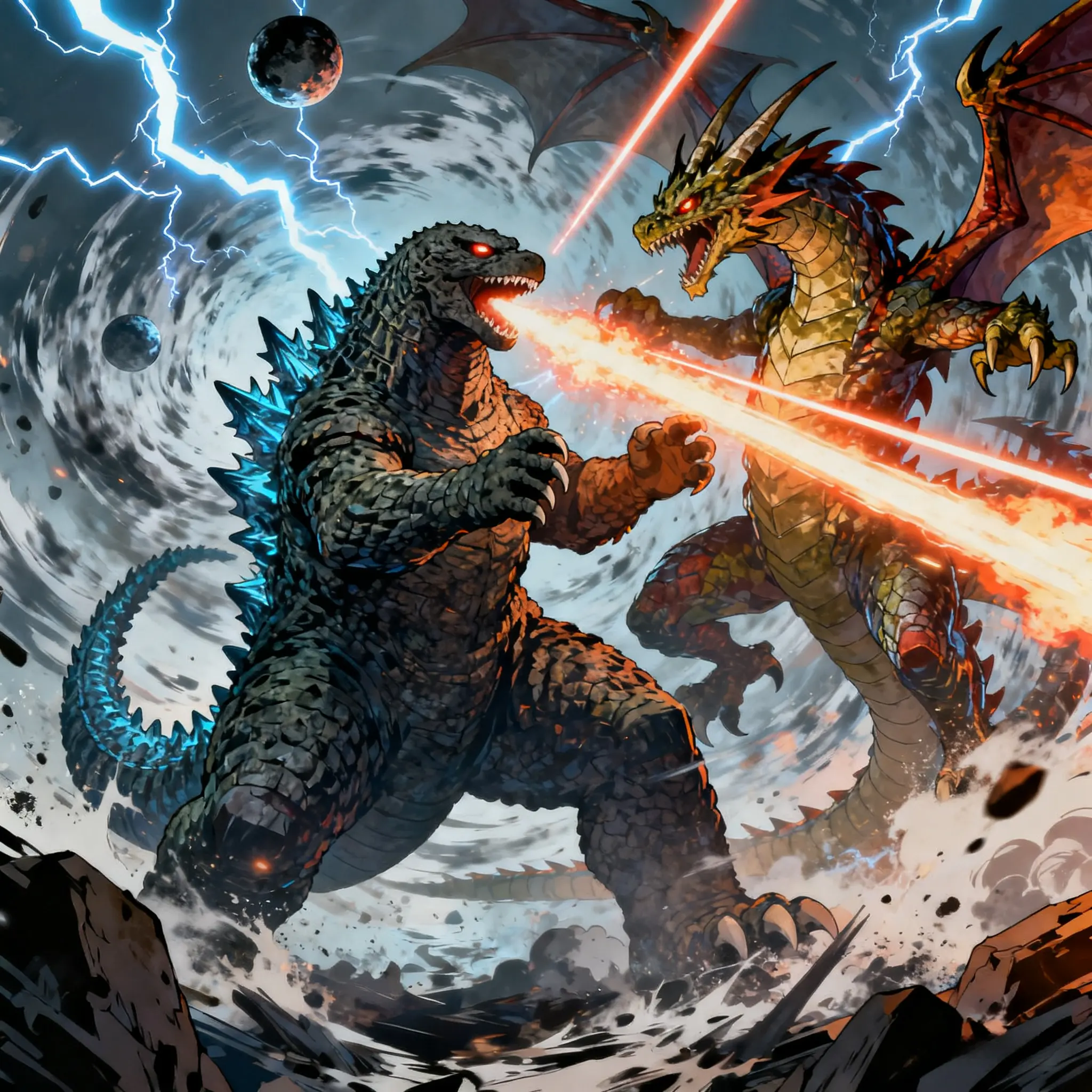 Godzilla vs dragon in cosmic battle, atomic breath clash, dynamic illustration