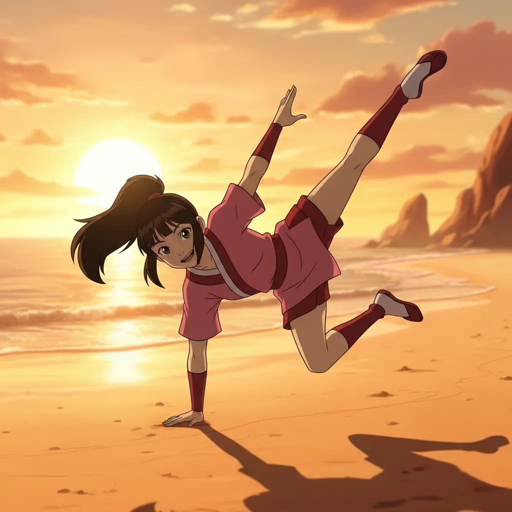 An energetic Ty Lee from Avatar: The Last Airbender striking a dynamic pose on a sunny beach.