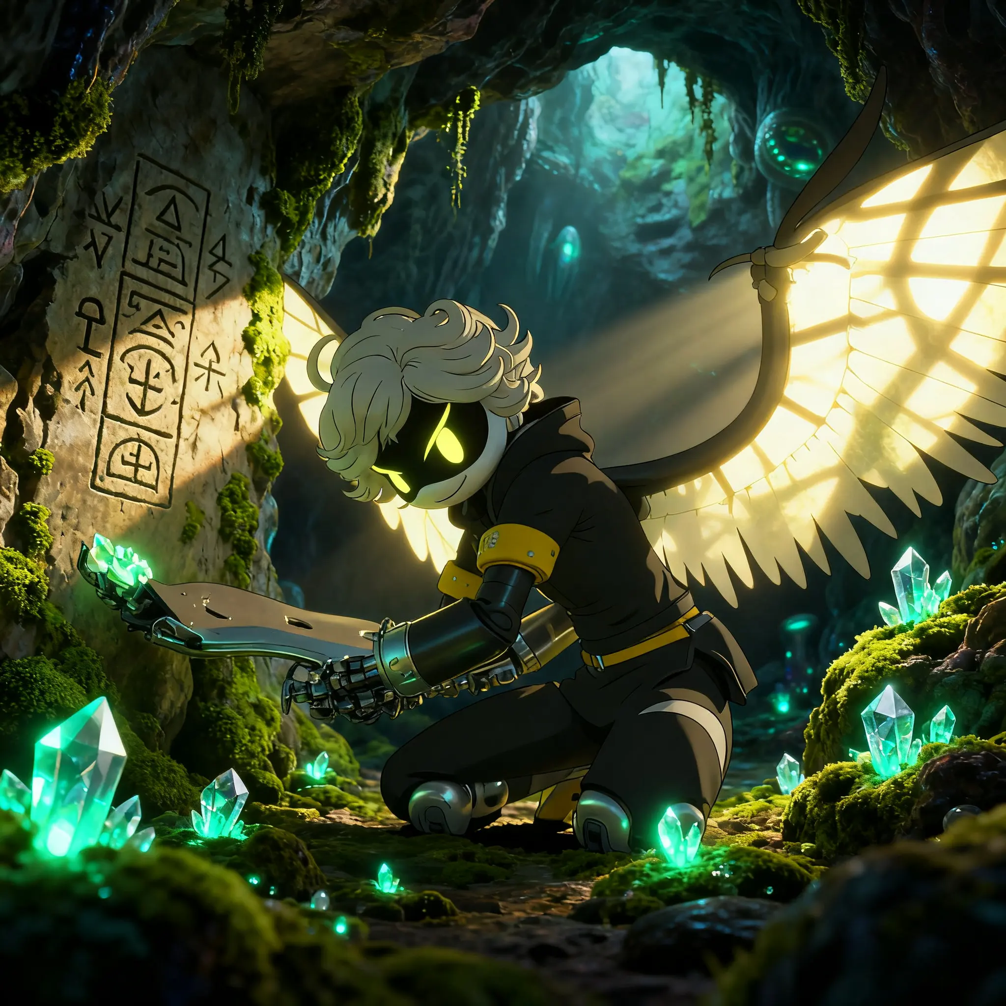 murder drones n exploring glowing moss cave ghibli ancient symbols