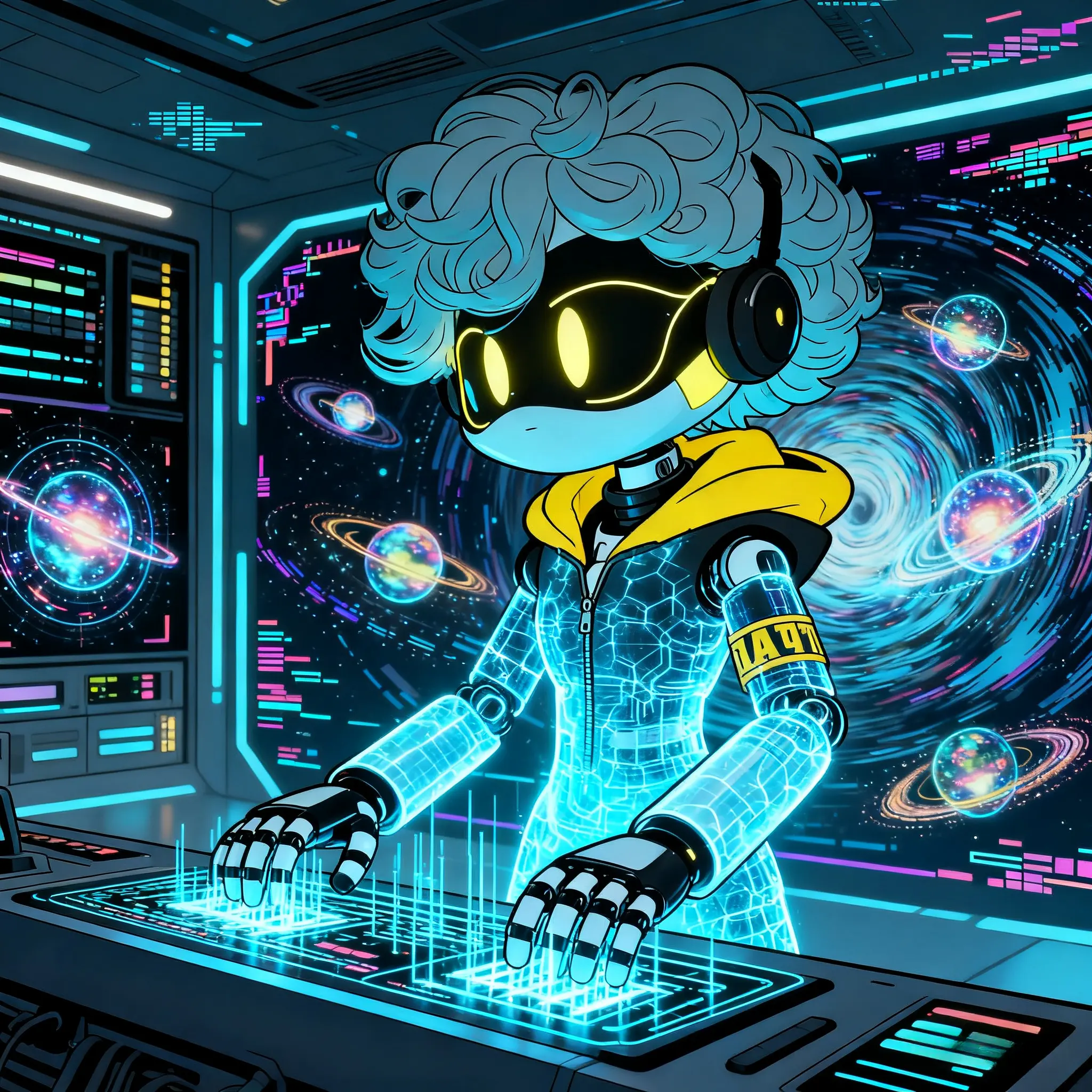 murder drones j hacking quantum computer cel shaded parallel universe