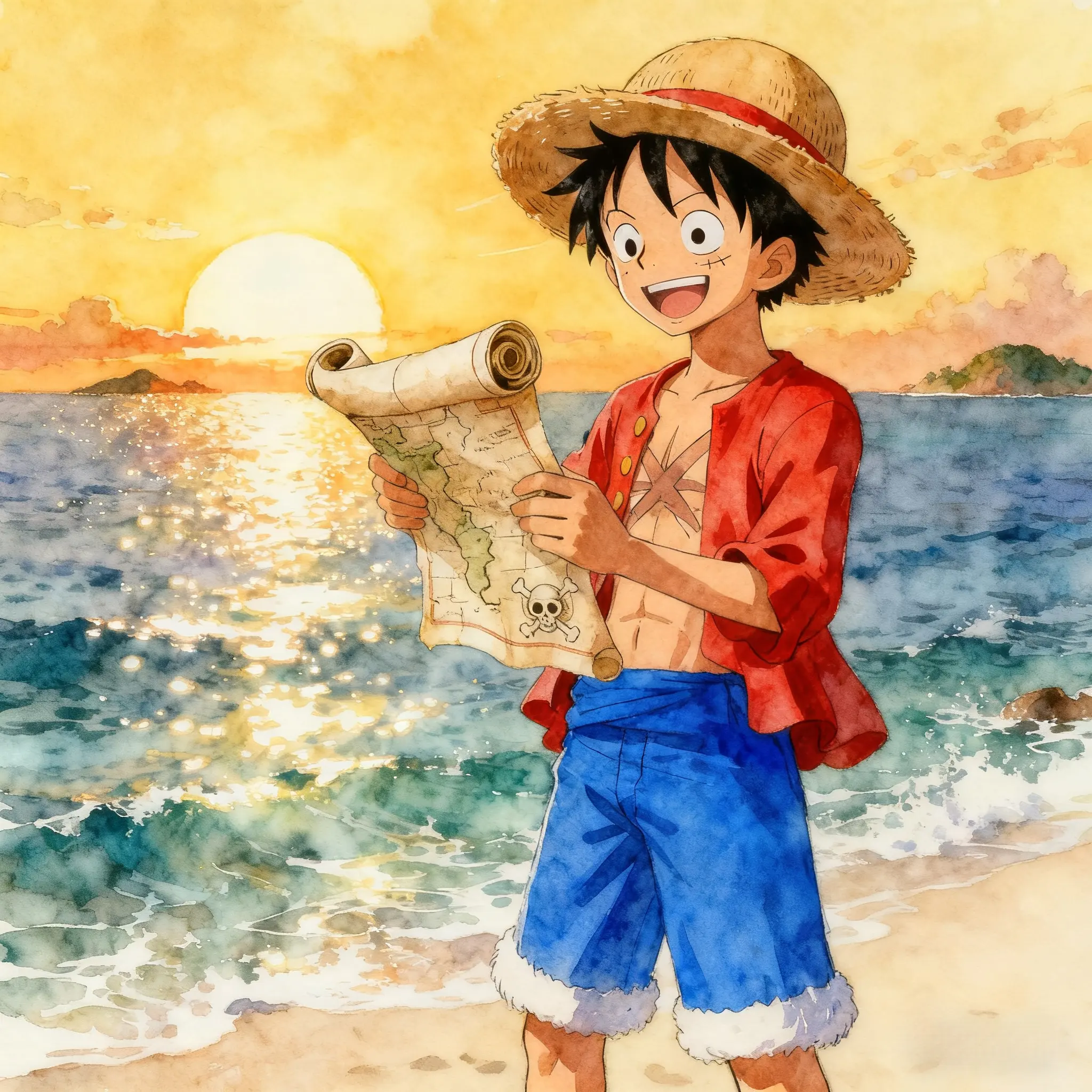 Luffy in watercolor style with straw hat and red shirt, unrolling a treasure map on a sunset beach - vibrant fan art