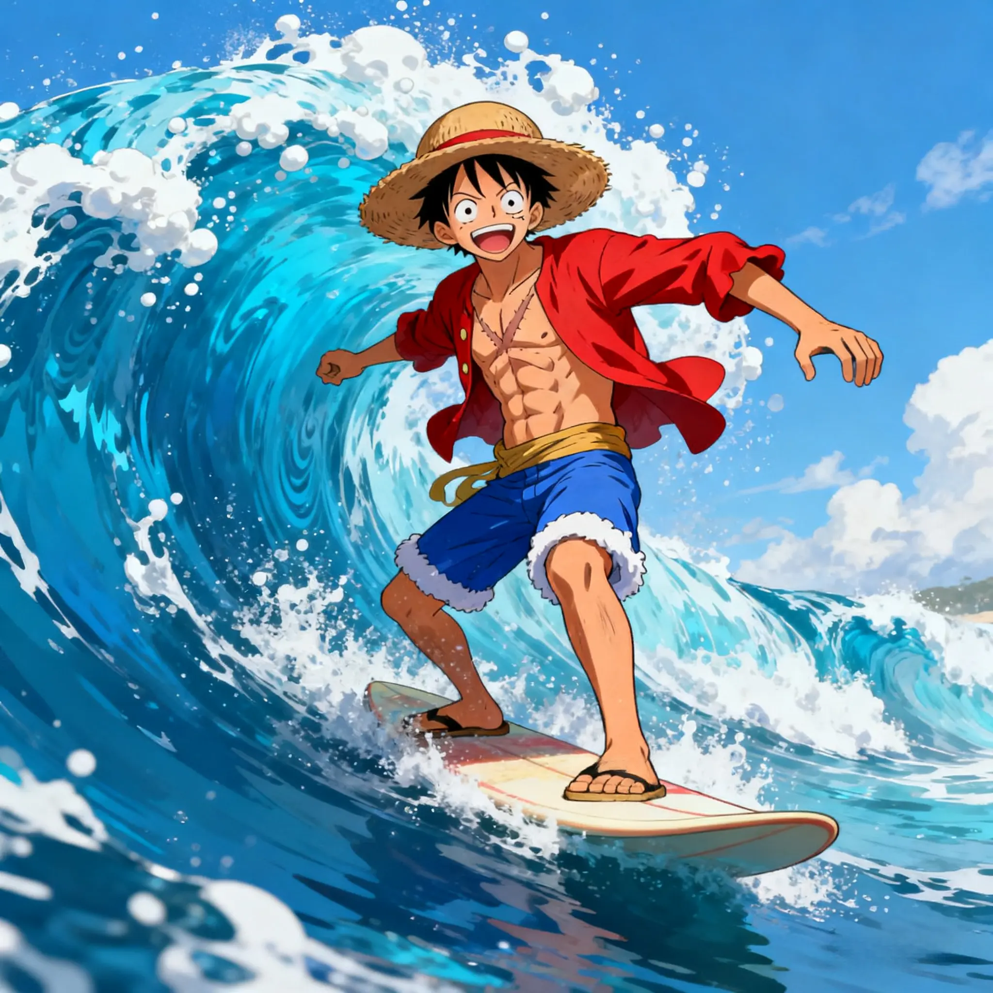 Luffy surfing on a wave with straw hat and red shirt, arms spread wide with an excited smile - dynamic fan art