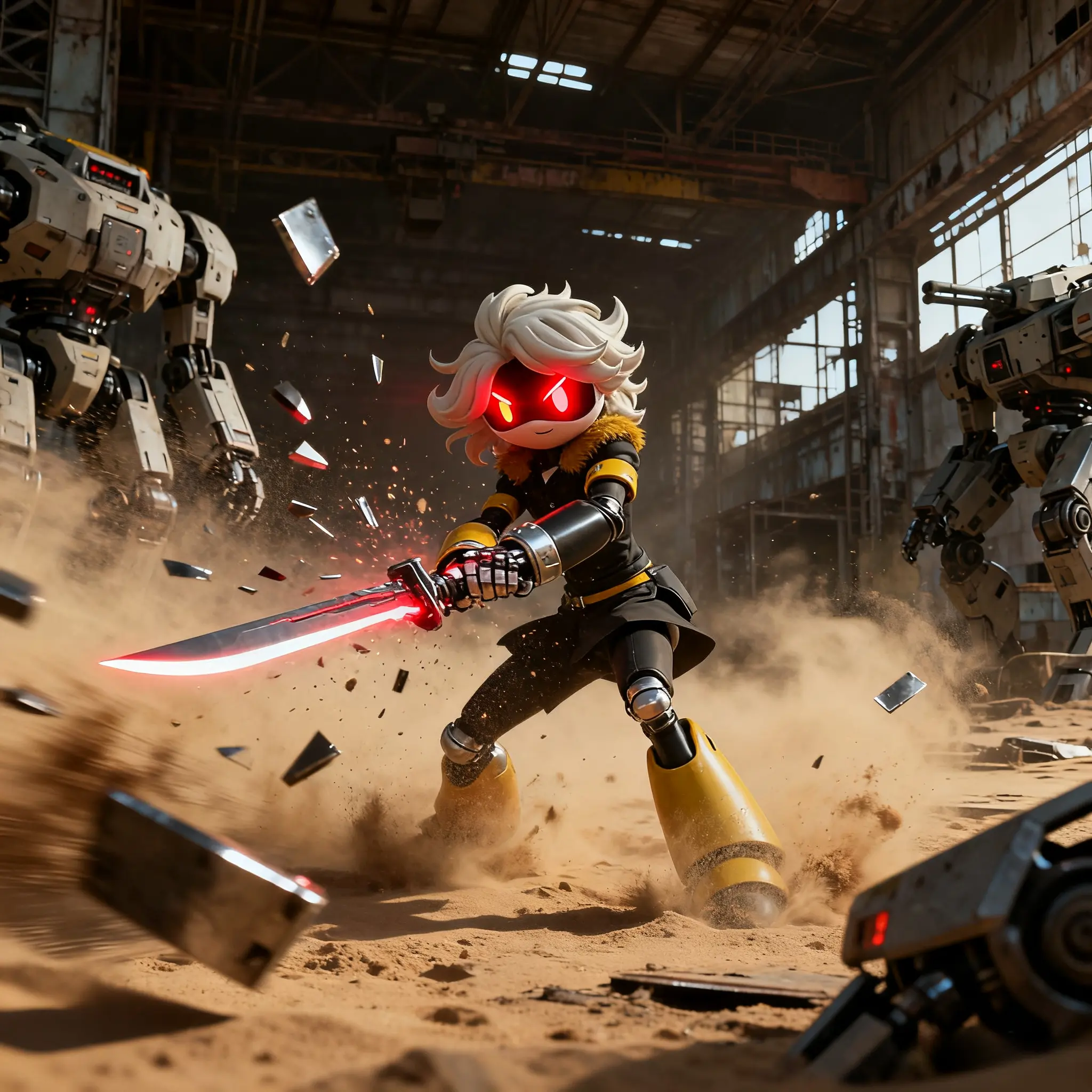 murder drones v battling sandstorm mech factory hyperrealism energy blades