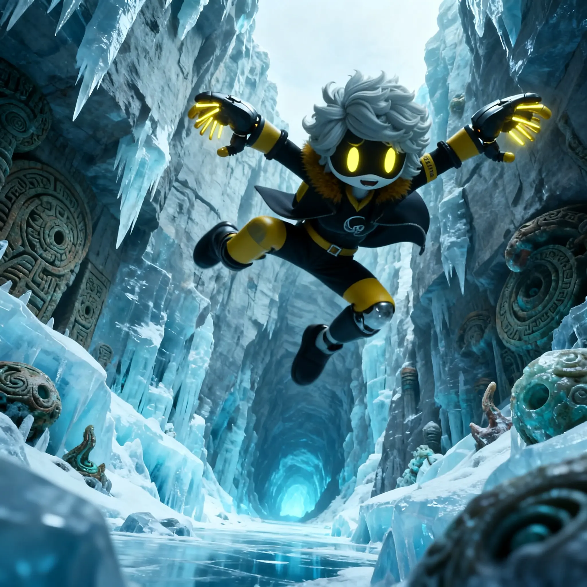 murder drones with glowing yellow eyes and cybernetic arms leaps in an icy cave adorned with ancient carvings