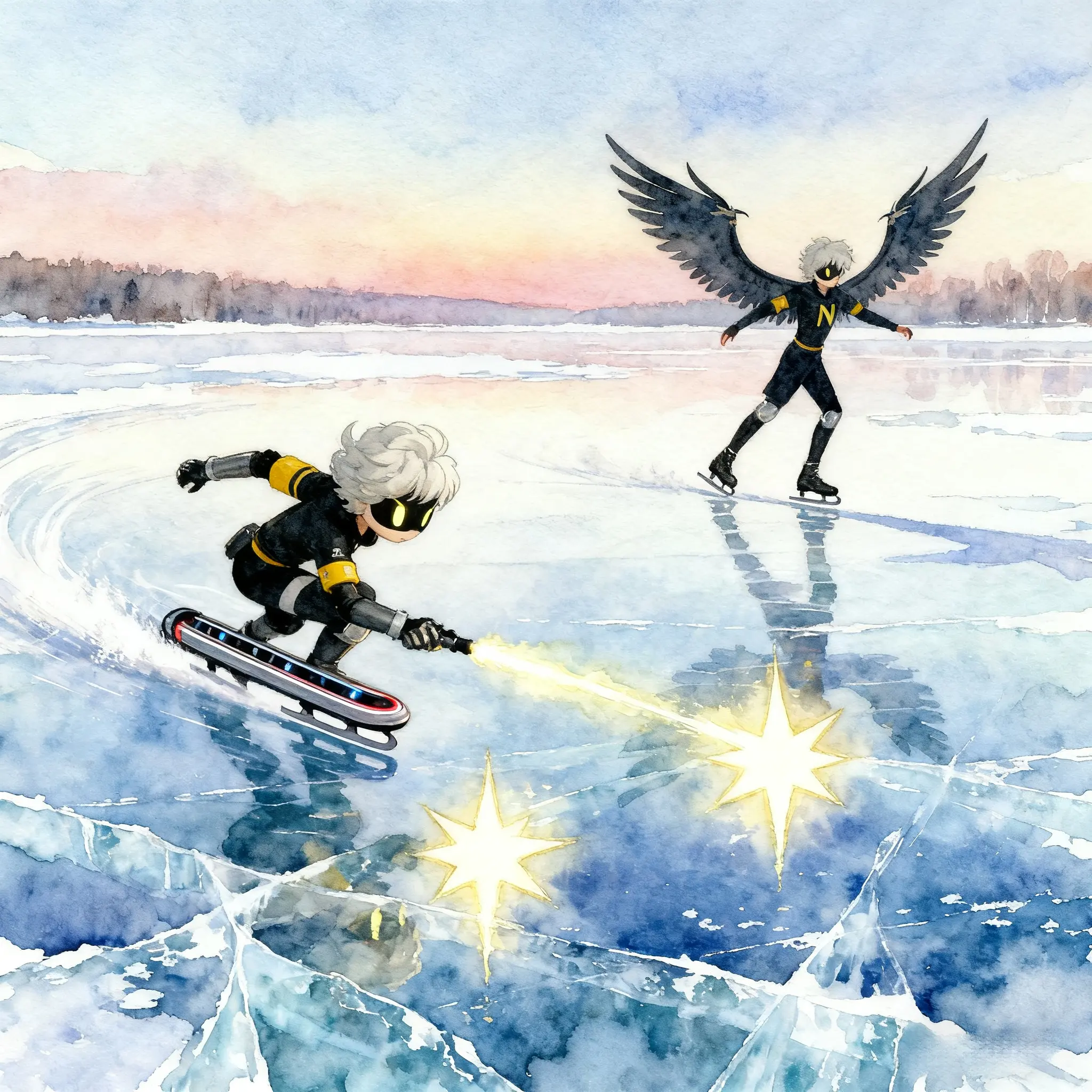 murder drones uzi n ice skating frozen lake watercolor twin stars 