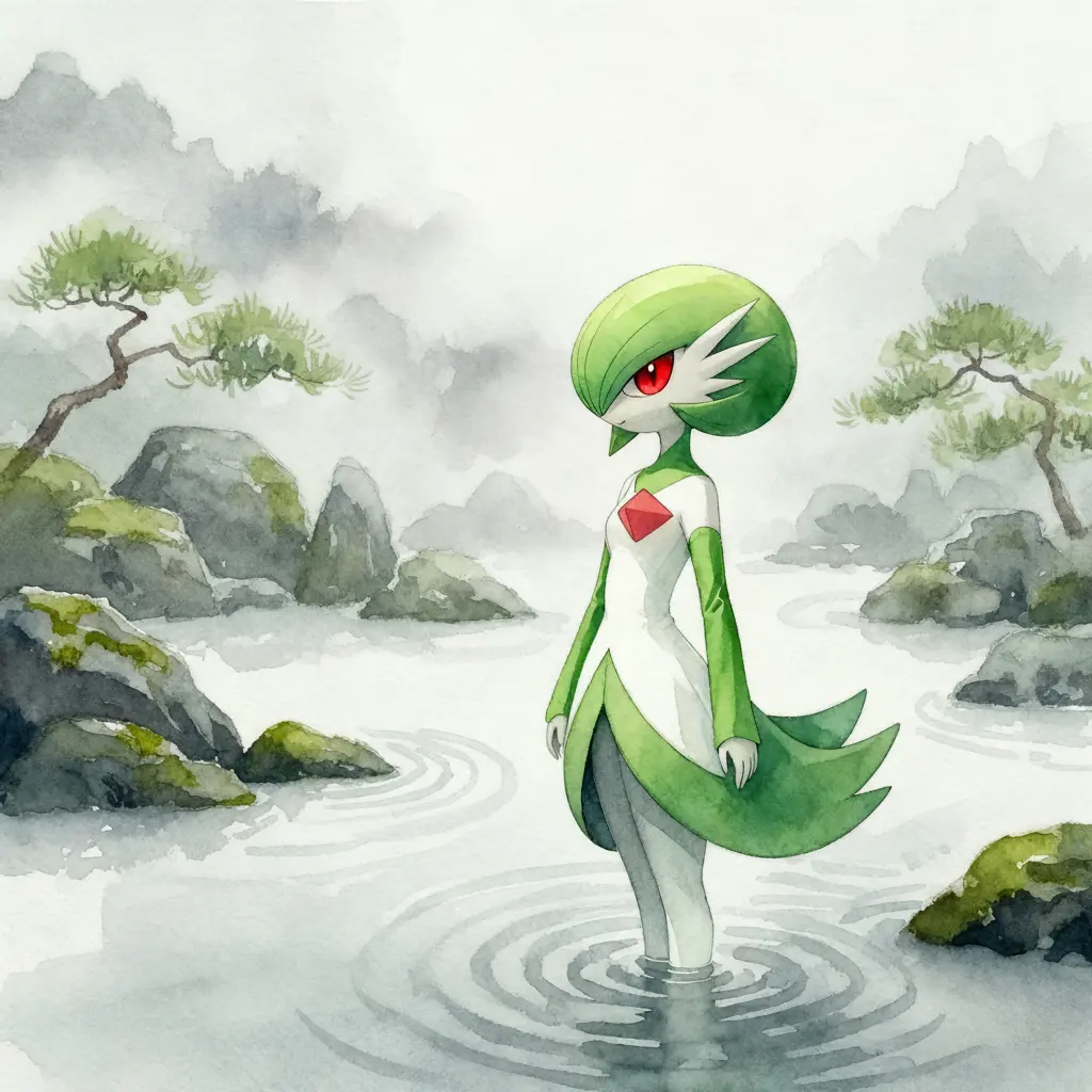 Gardevoir in misty landscape, watercolor Chinese ink style