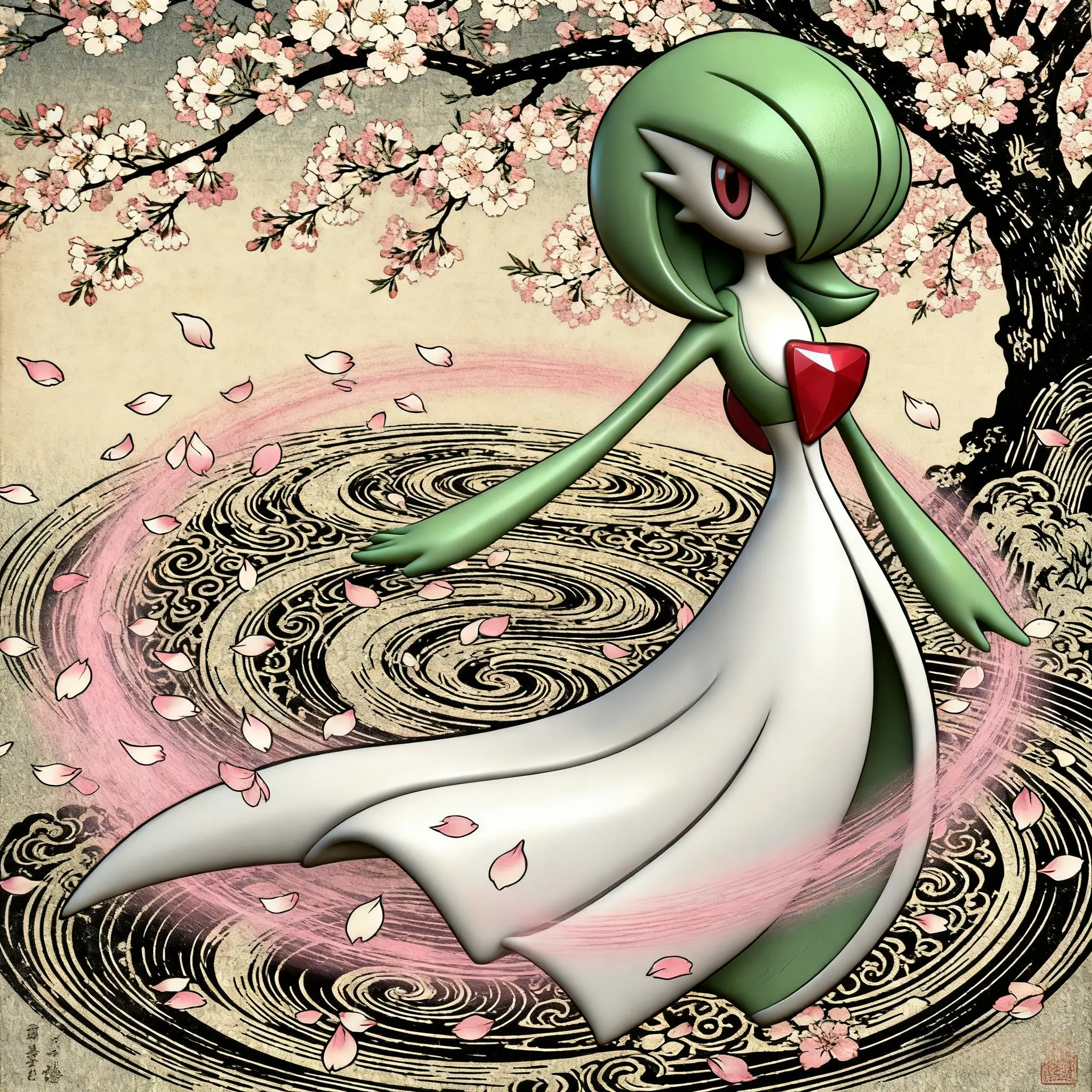 Gardevoir in ukiyo-e style under sakura tree, swirling petals