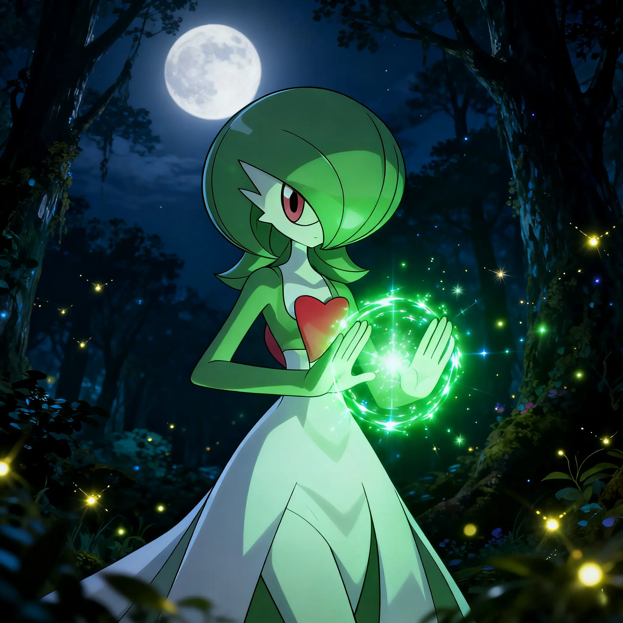 Gardevoir in enchanted forest, green psychic orb, anime style