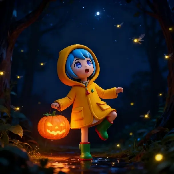 Luce holds a pumpkin lantern, explores a forest at night, with fireflies around.