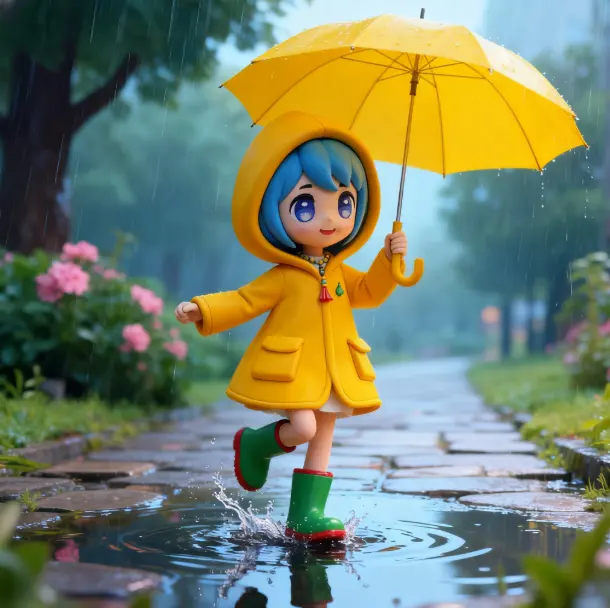 Luce in a yellow raincoat jumps in a puddle, holding a yellow umbrella, on a rainy path.