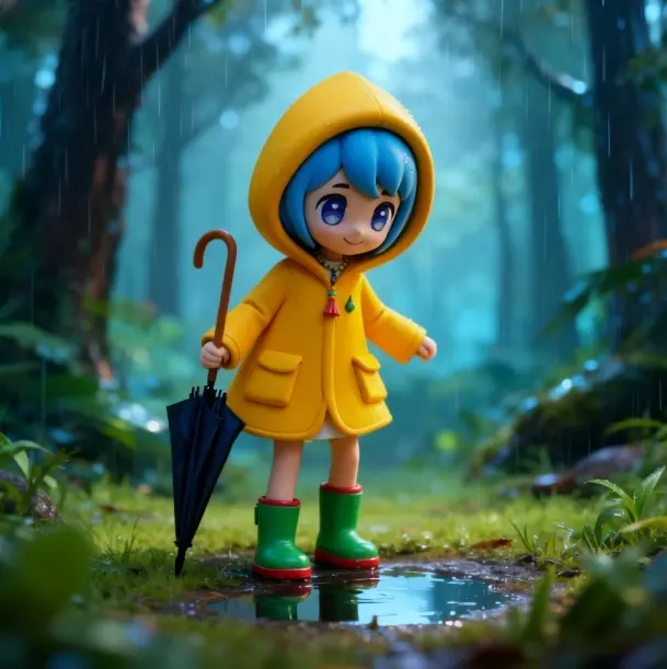 Luce stands in a rainy forest, holding an umbrella and a cane, with a puddle nearby.