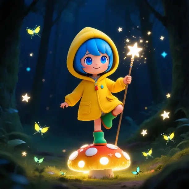 Luce stands on a glowing mushroom in a forest, holds a magic wand, with stars and butterflies around.