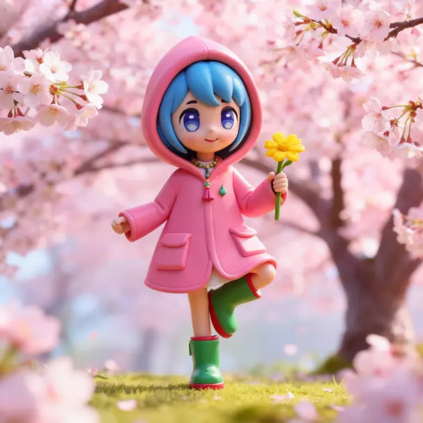 Luce wears a pink raincoat, holds a yellow flower, and poses among blooming cherry blossoms.