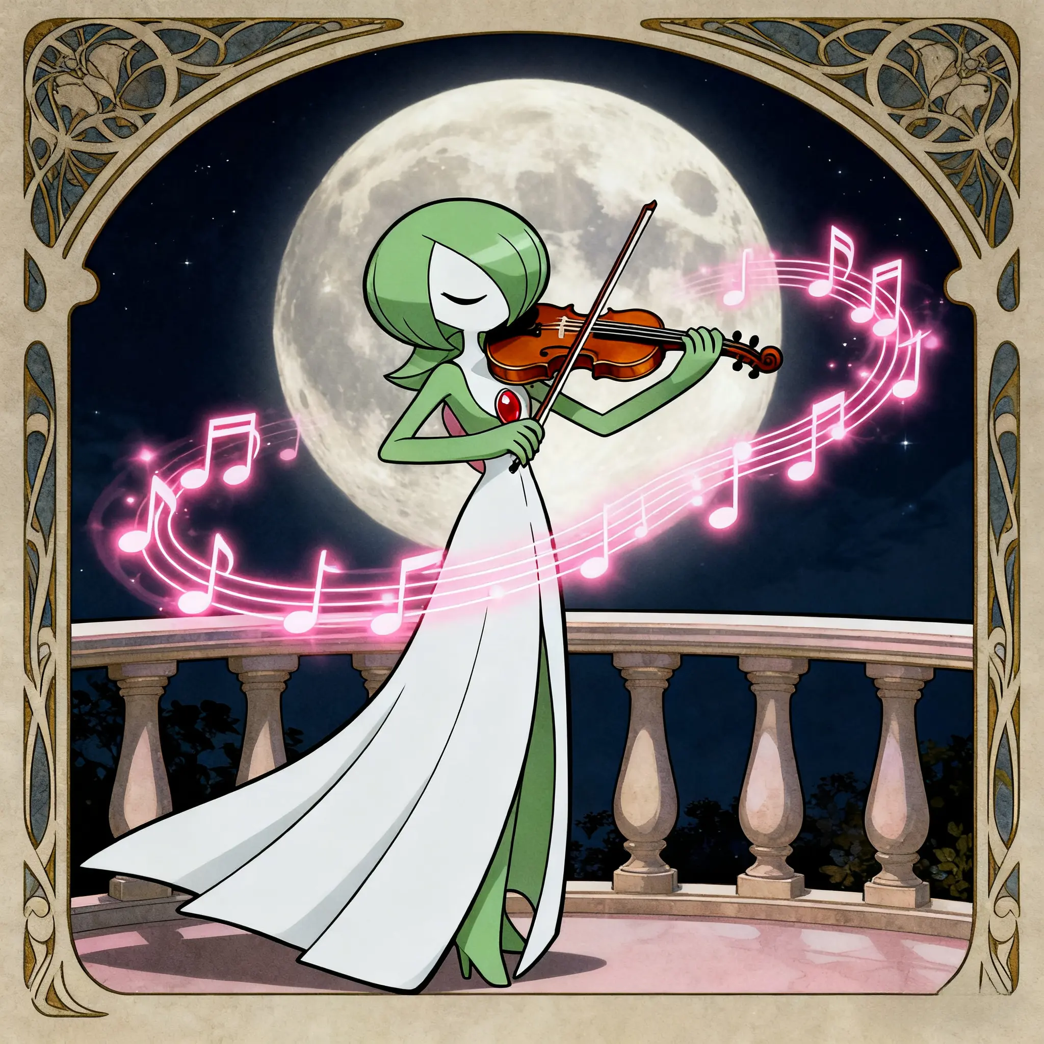 Gardevoir plays psychic violin on moonlit balcony, Art Nouveau