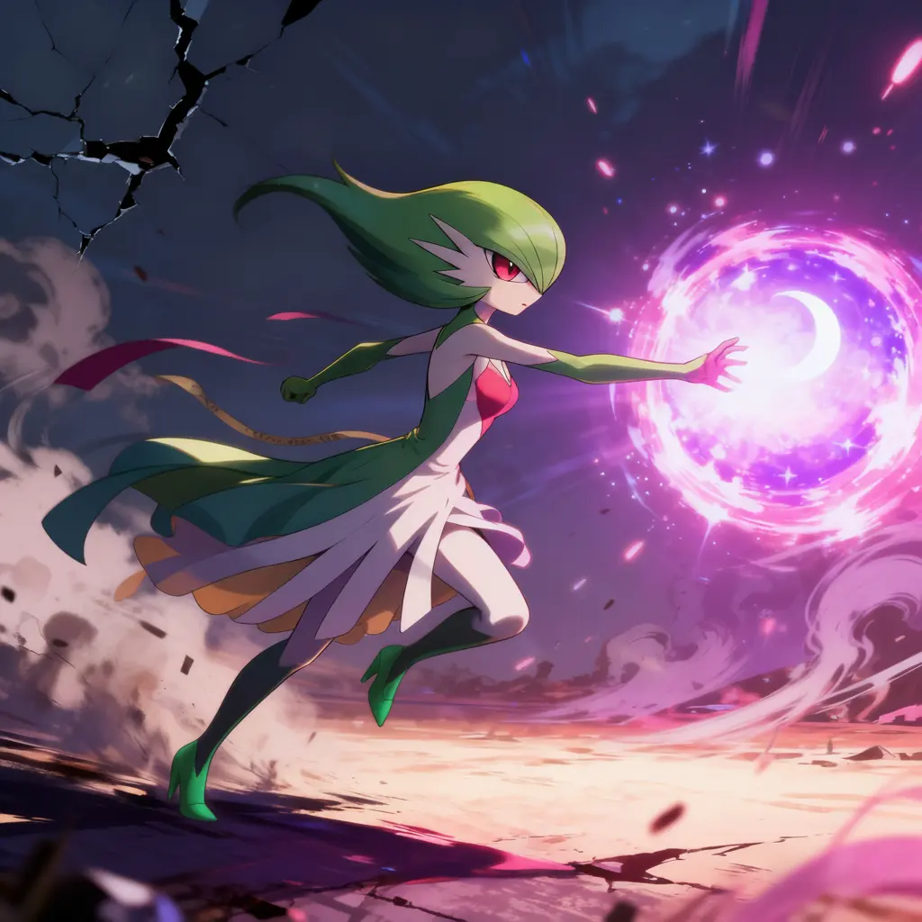 Gardevoir unleashes Moonblast, dynamic anime battle scene