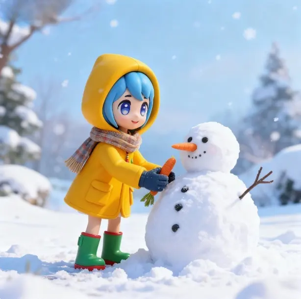  Luce dresses in a yellow raincoat, a scarf, and gloves, making a snowman in a snowy scene.