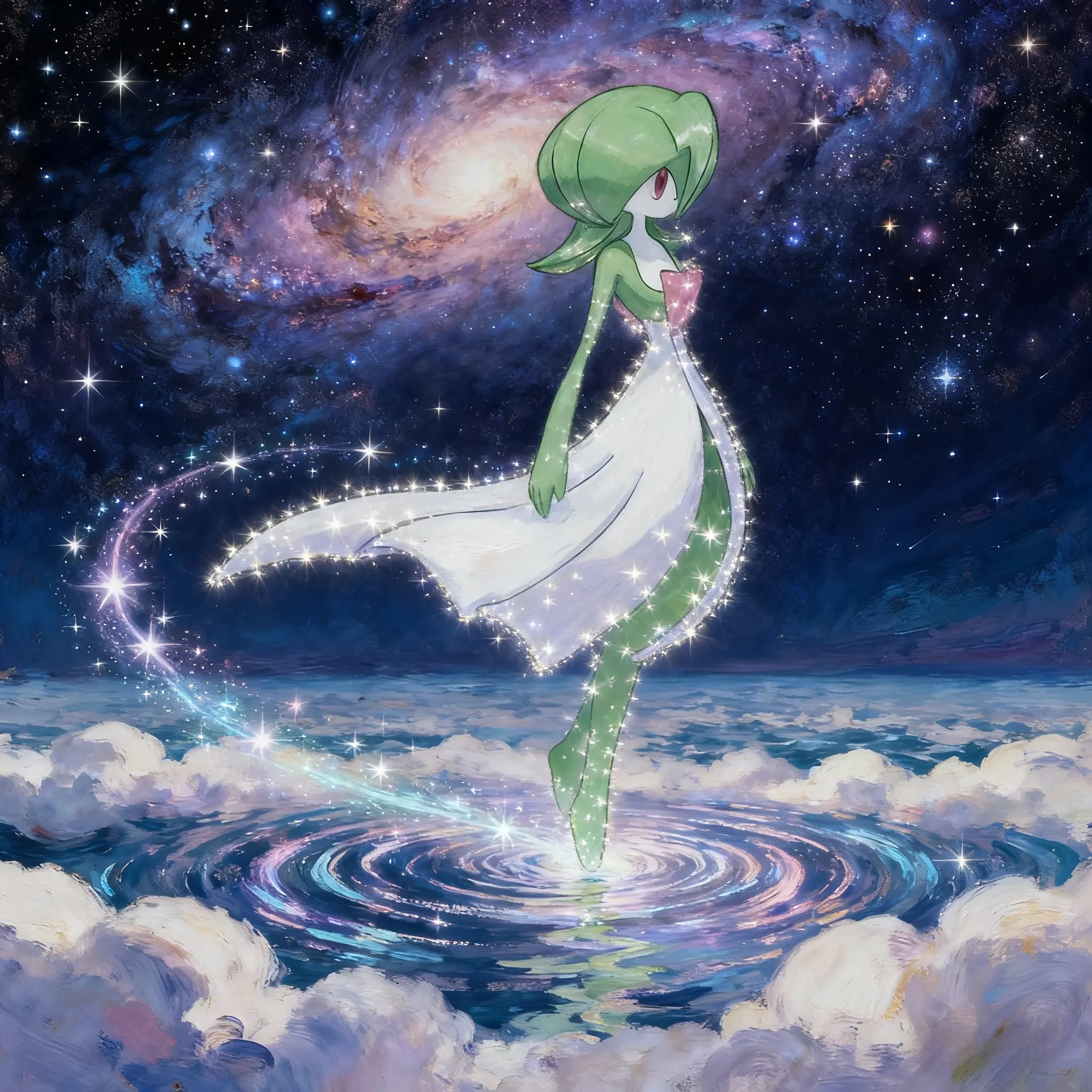 Gardevoir in cosmic sky, starry trail, painterly fantasy