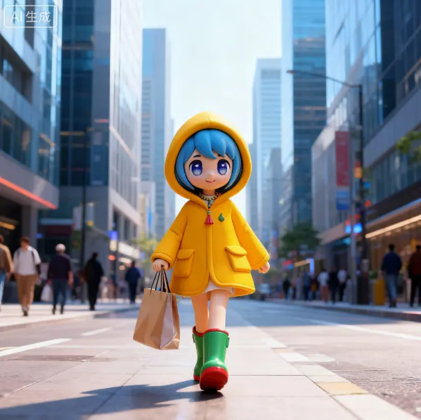 Luce with blue hair, in a yellow raincoat, green boots, walks on a city street with shopping bag, surrounded by tall buildings and people.
