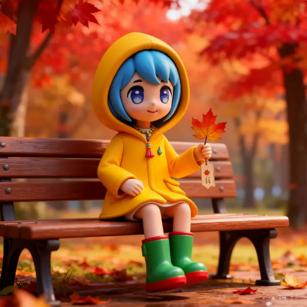 Luce in a yellow raincoat sits on a bench, holding a maple leaf with autumn foliage around.