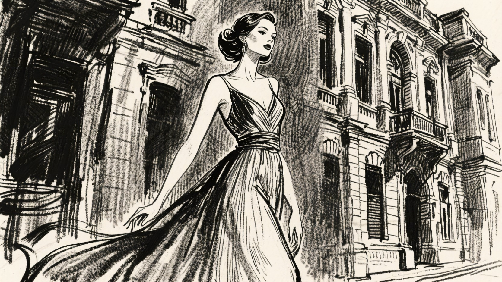 The camera slowly pulls back to reveal a full street view while subtly tracking the female lead as she walks. A breeze lifts and flutters her skirt as she moves along a 19th-century London street. As she continues forward, a steam-powered vehicle suddenly approaches from the right side of the street and speeds past her. The rush of wind blows her skirt upward, and she reacts with a shocked expression, quickly pressing it down with both hands. Ambient background sounds include footsteps, crowd noise, and passing vehicle sounds.