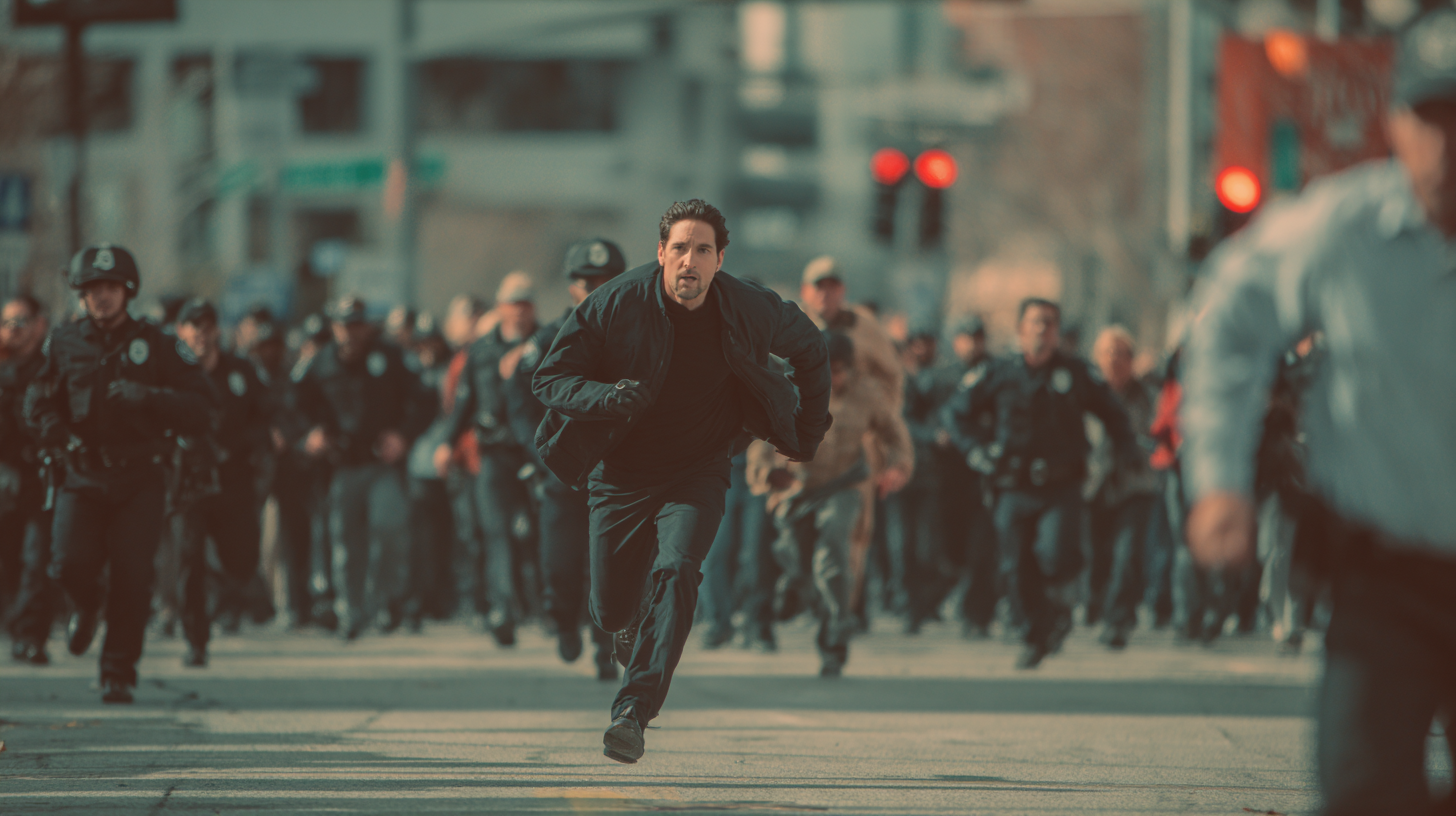 The camera follows a man dressed in black as he flees at full speed, with a crowd chasing closely behind him. The shot then shifts to a side-tracking view as he panics, crashes into a roadside fruit stand, scrambles back to his feet, and continues running. The background is filled with chaotic crowd noise and shouts.
