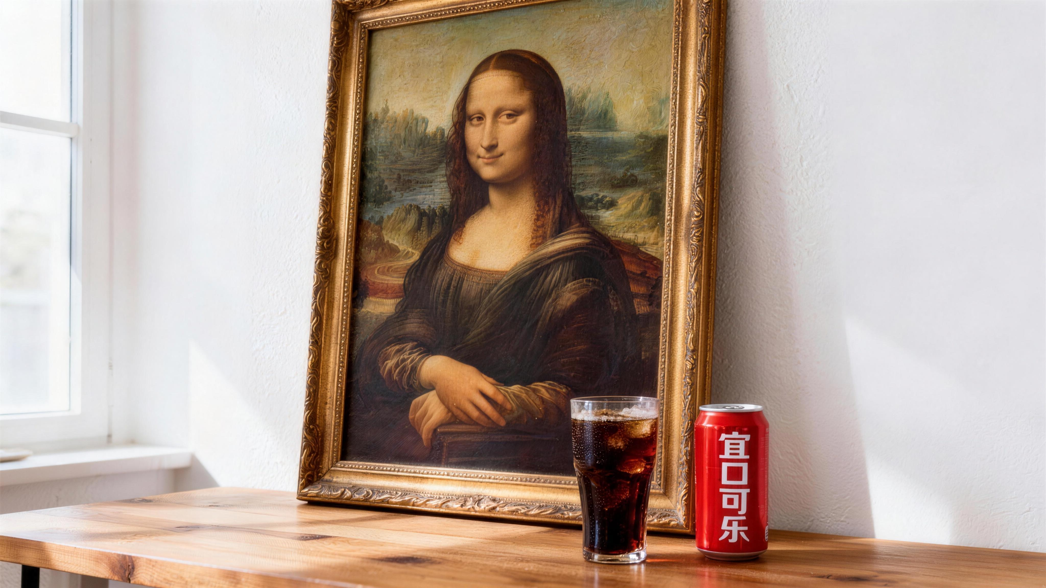 The character in the painting shows a guilty, nervous expression, glancing left and right before cautiously leaning out of the frame. They quickly extend a hand out of the painting, grab a cola, and take a sip, then reveal a look of pure satisfaction. Suddenly, the sound of approaching footsteps is heard. The character hastily puts the cola back in its original place. A Western cowboy then appears and picks up the cola from the cup and walks away. Finally, the camera slowly pushes forward as the scene fades into a pure black background, with only a top light illuminating a can of cola. At the bottom of the frame, artistic typography appears along with a voice-over: “Yikou Cola — a taste you simply can’t miss.”