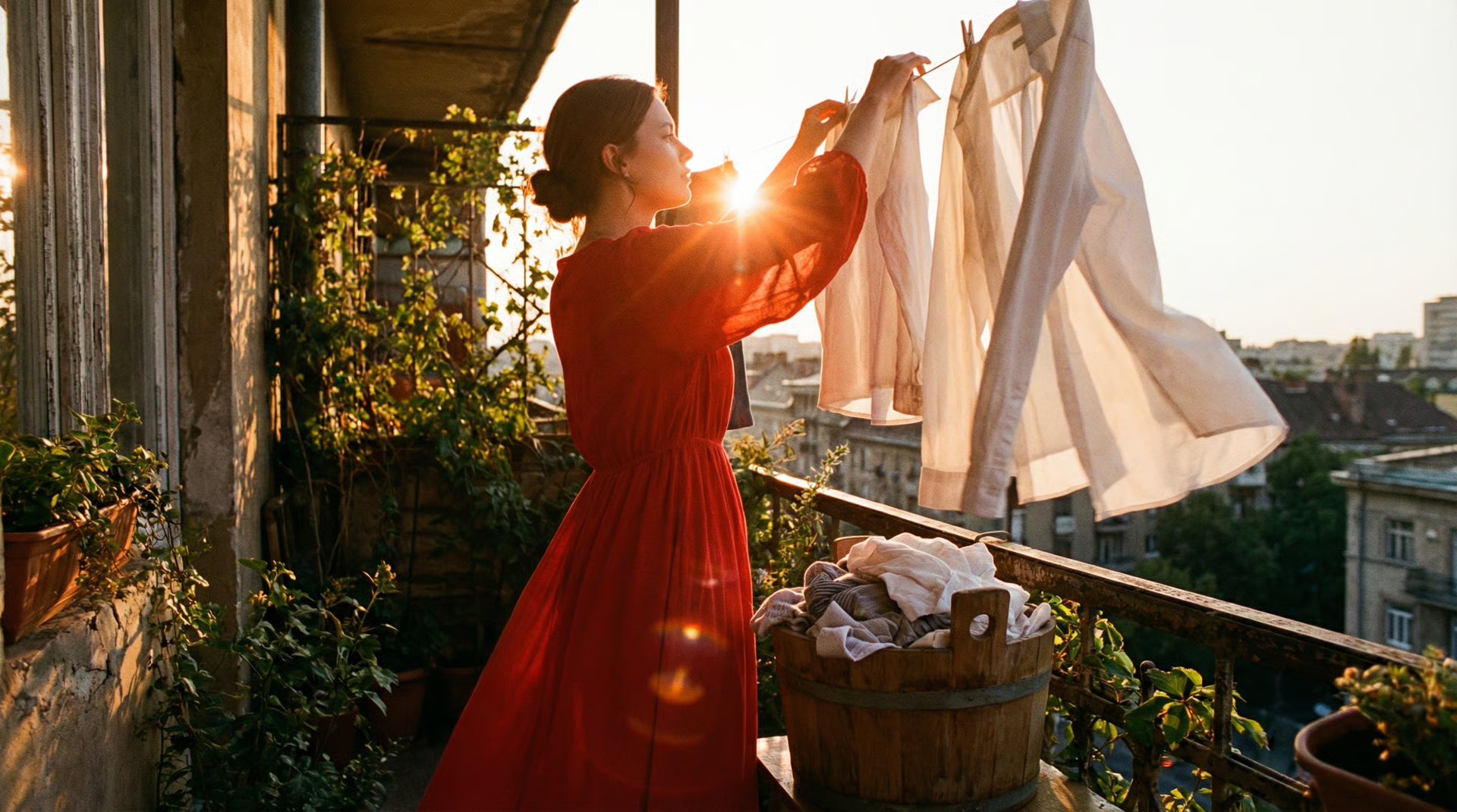 Girl is gracefully hanging laundry to dry. After finishing one piece, she reaches into the bucket, takes out another garment, and gives it a firm shake before hanging it up.