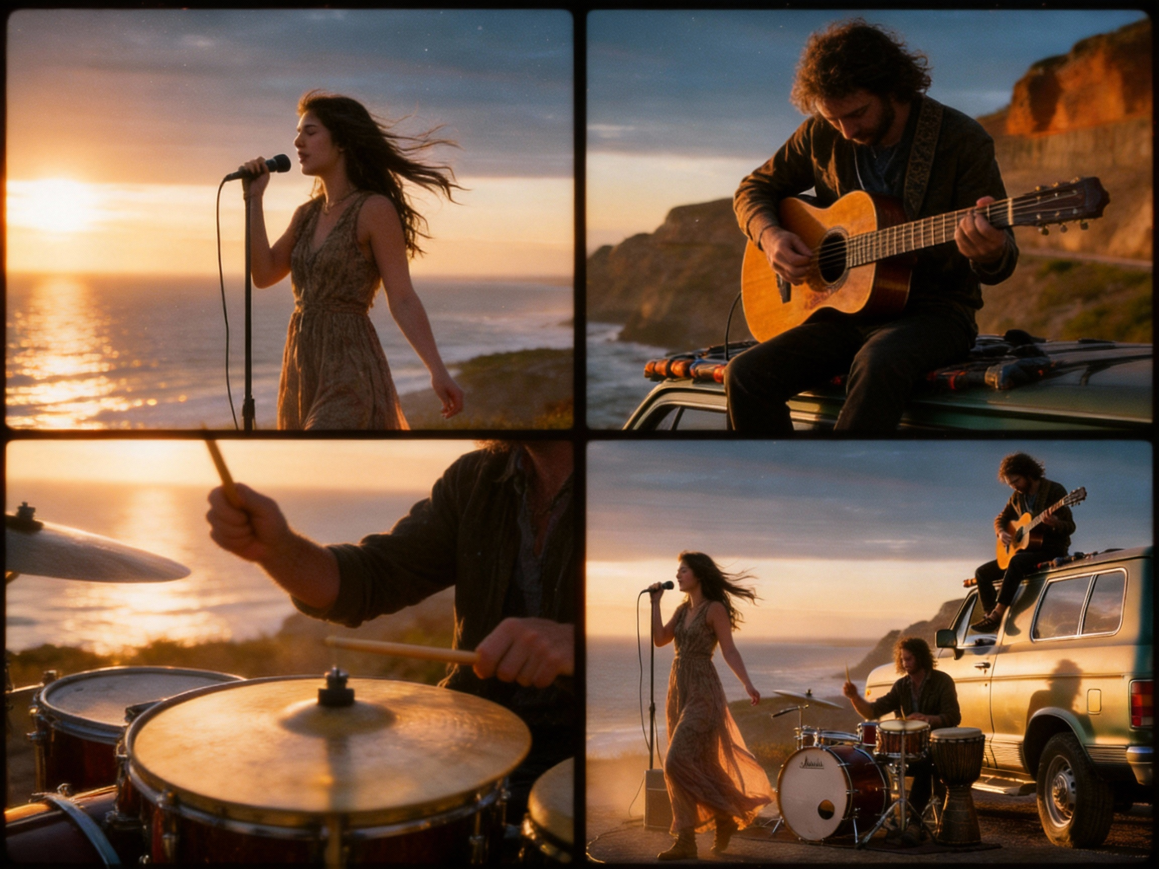Create a 15-second MV-style video with a stable, composed framing and subtle push–pull camera movement. Use a low-angle, heroic perspective with a documentary feel enhanced by a premium cinematic look.
 Begin with an ultra-wide establishing shot from a low camera position, slightly tilted upward. A cliffside dirt road and a vintage travel car occupy the lower third of the frame, while the distant ocean and horizon open up the space above.
 The setting sun provides side backlighting, with volumetric light rays cutting through floating dust particles. The composition is film-grade and cinematic, featuring authentic film grain, and a gentle breeze subtly moving the subject’s clothing.