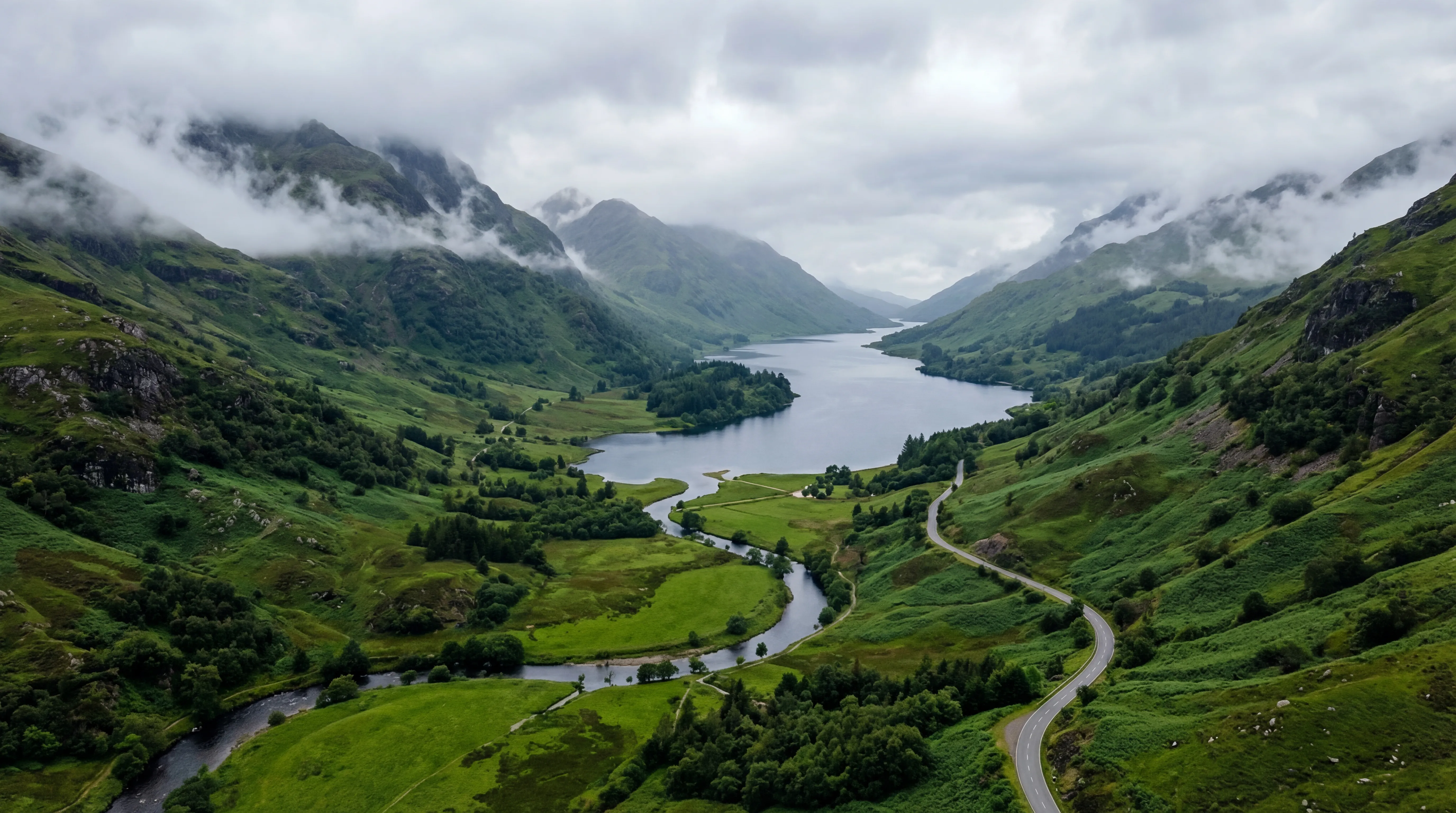 This aerial shot captures a dramatic, misty landscape, likely a valley or glen, characterized by rolling, verdant hills and a winding river or loch. The photography style leans towards a moody and atmospheric aesthetic, emphasizing the grandeur and isolation of nature. The camera angle is high, looking down into the valley, providing a sweeping panoramic view that highlights the immense scale of the surroundings. The dominant colors are various shades of deep green, ranging from lush emerald in the foreground fields to darker, more muted tones on the distant mountains. The water, a central feature, appears as a serene, dark blue-grey, reflecting the overcast sky. The sky itself is a blend of grey and white, heavily laden with clouds and mist that cling to the mountain peaks, creating a soft, diffused lighting style. This natural, soft light minimizes harsh shadows and enhances the overall ethereal feel of the scene. The subject is a majestic natural landscape. In the foreground, a darker body of water curves around a patch of bright green fields, bordered by scattered trees and shrubs. A narrow, winding road snakes through the green hills on the right side of the frame, disappearing into the distance. Further into the valley, a larger, lighter blue-grey body of water stretches between towering, green-clad mountains. These mountains rise steeply on both sides, their peaks shrouded in the low-hanging mist, creating a sense of depth and mystery. The overall impression is one of serene, untamed wilderness, hinting at the rugged beauty of places like the Scottish Highlands or the Lake District.