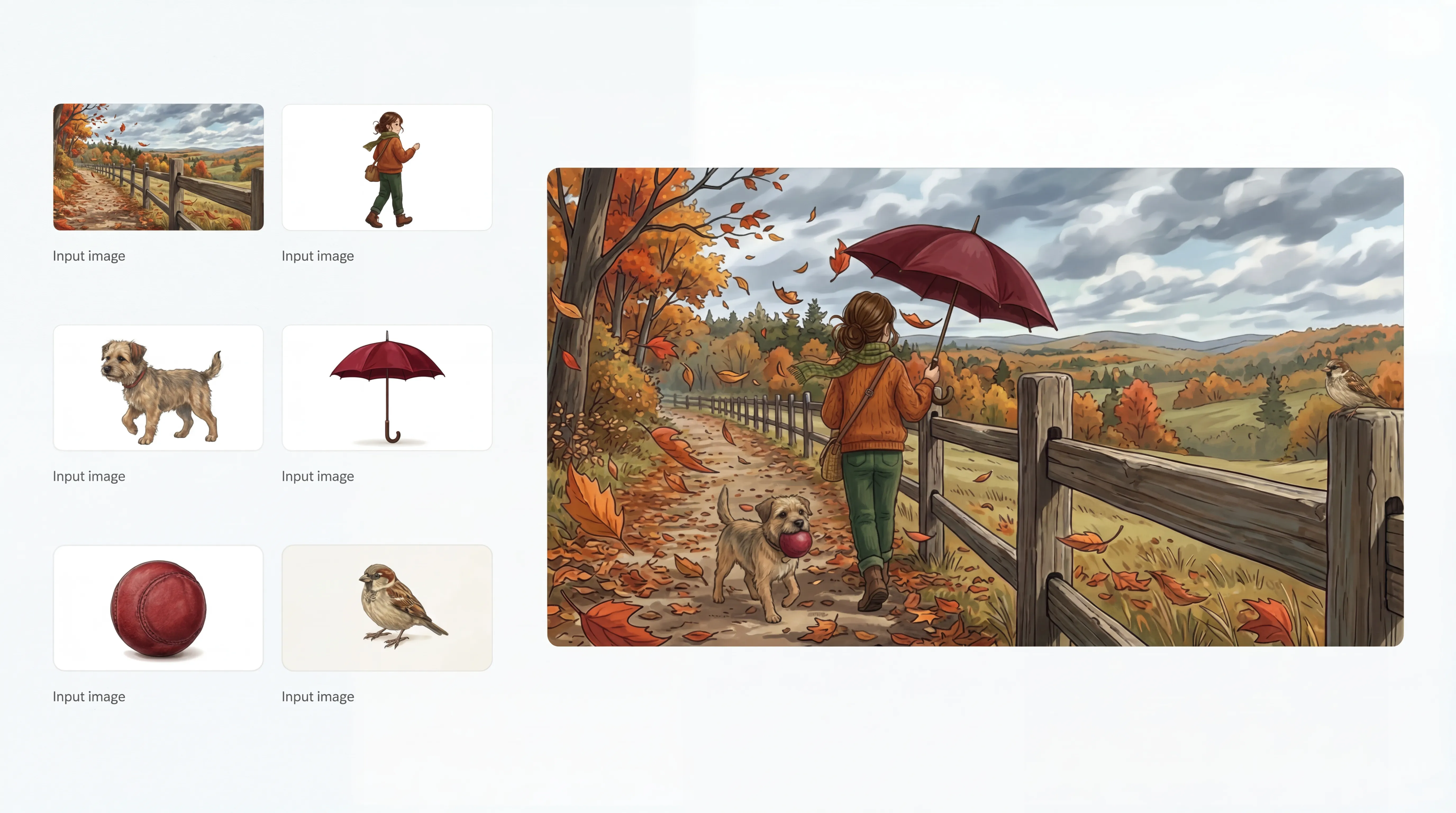 Prompt: The girl walking ahead on the path with her umbrella and her dog trailing behind her with a red ball. The small bird observes the girl from the fence.
