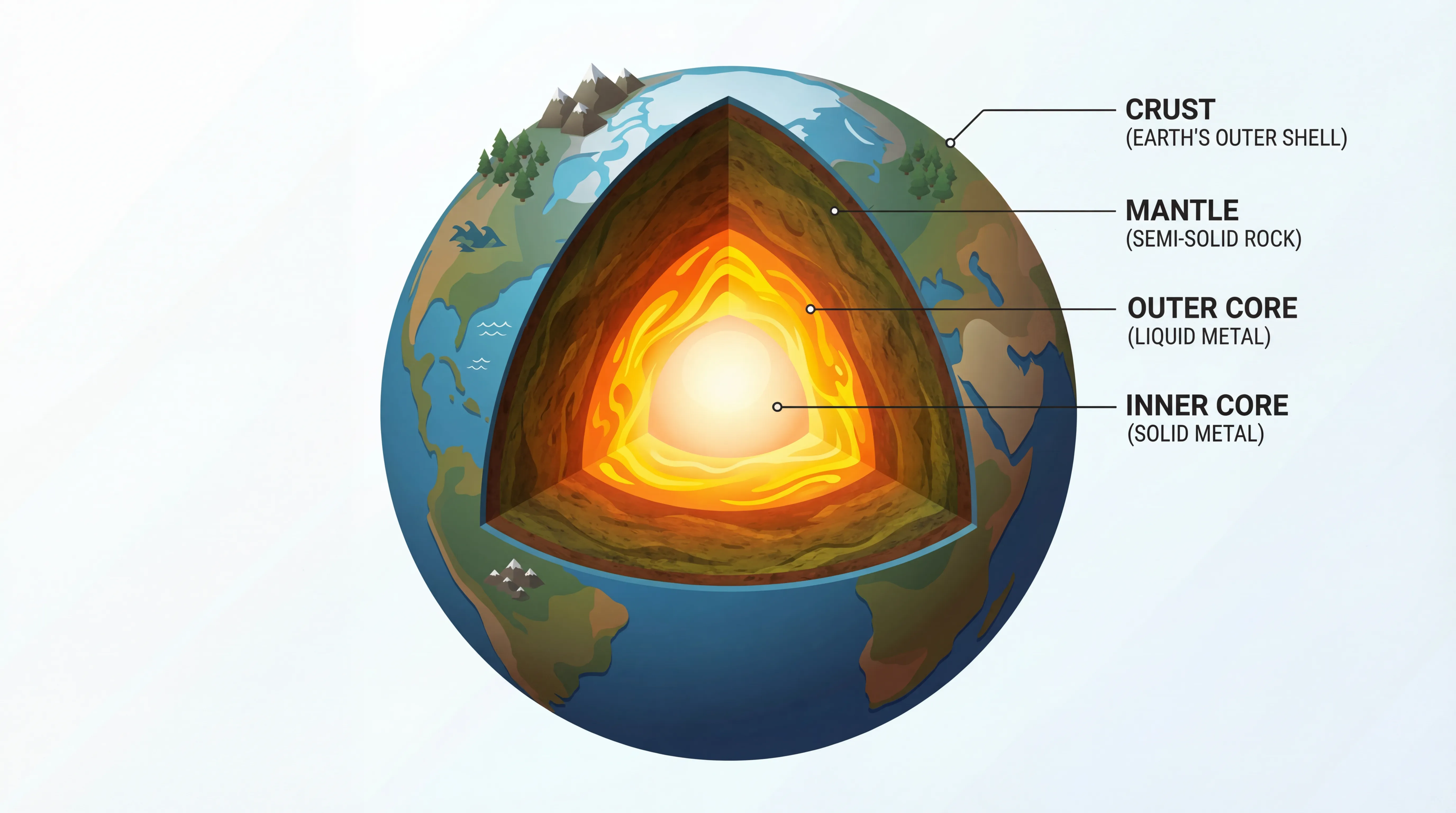 The Layers of the Earth, depicted as a clean, isometric cutaway illustration. Showcase the distinct layers—Crust, Mantle, Outer Core, and Inner Core—with clear labels and texture variations. Include small icons on the crust representing mountains and oceans. The Inner Core should have a subtle, radiant glow. The style is Modern Isometric Infographic, characterized by clean lines, sharp angles, and a minimalist feel. A powerful color scheme of deep earth tones, fiery oranges, and molten yellows, contrasted with a cool blue for the surface.
