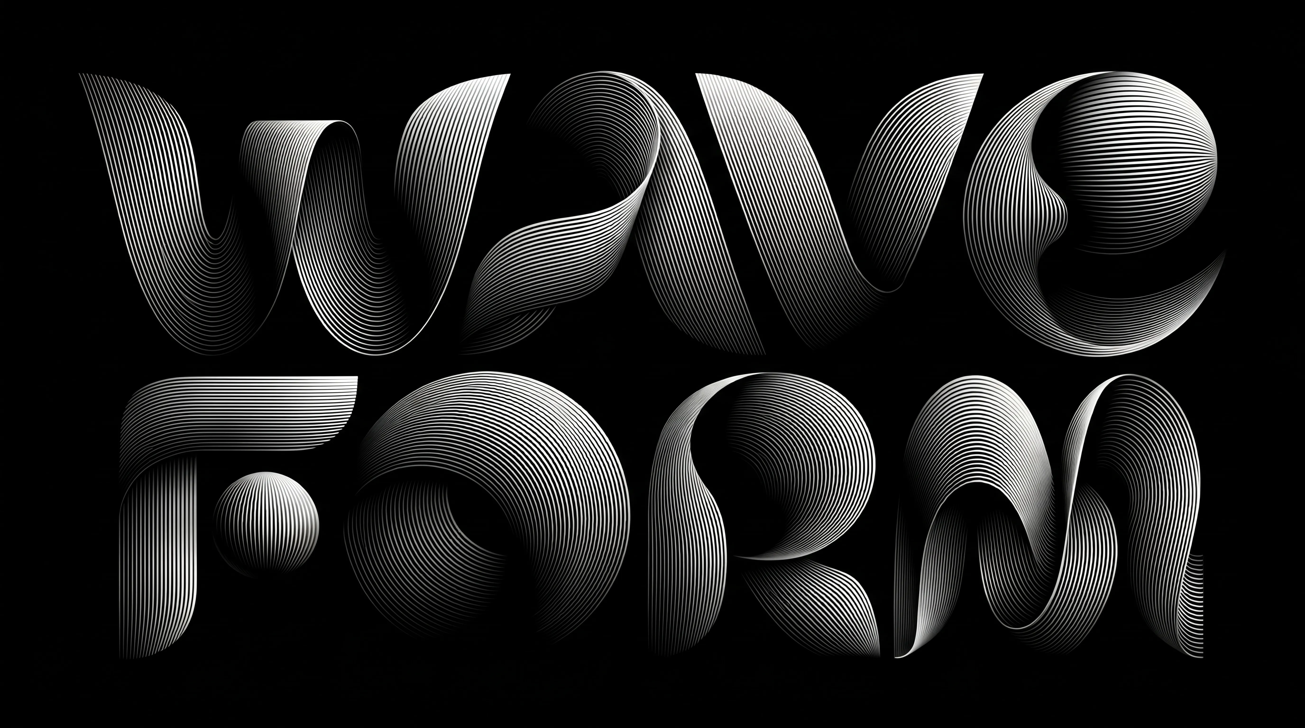 This visual presents a stark dichotomy, a bold interplay of light and profound shadow, where geometric and organic shapes emerge from the darkness with an almost sculptural quality. The image employs a meticulously crafted linear texture, where fine, closely packed parallels define the contours and suggest volume, akin to a precise etching or a sophisticated woodcut. These intricate striations create an optical illusion of three-dimensionality, giving the forms a tangible, almost tactile presence against the unbreachable void. The forms themselves hint at an arrangement of characters, possibly a two-tiered inscription of “Wave” above and “Form” below, though rendered in an abstract, avant-garde typography that emphasizes form over immediate legibility. Gradient transitions within the patterned elements suggest varying degrees of illumination, as if an unseen light source casts soft, diffused highlights and deeper, softer depressions across their curved surfaces. Each individual component, whether spherical or elongated, possesses a unique shading, contributing to the overall sense of depth and intricate design. The entire composition is a masterful exercise in contrasts, utilizing only white against an unbroken dark expanse to convey both message and profound artistic expression. Aspect ratio 16:9.