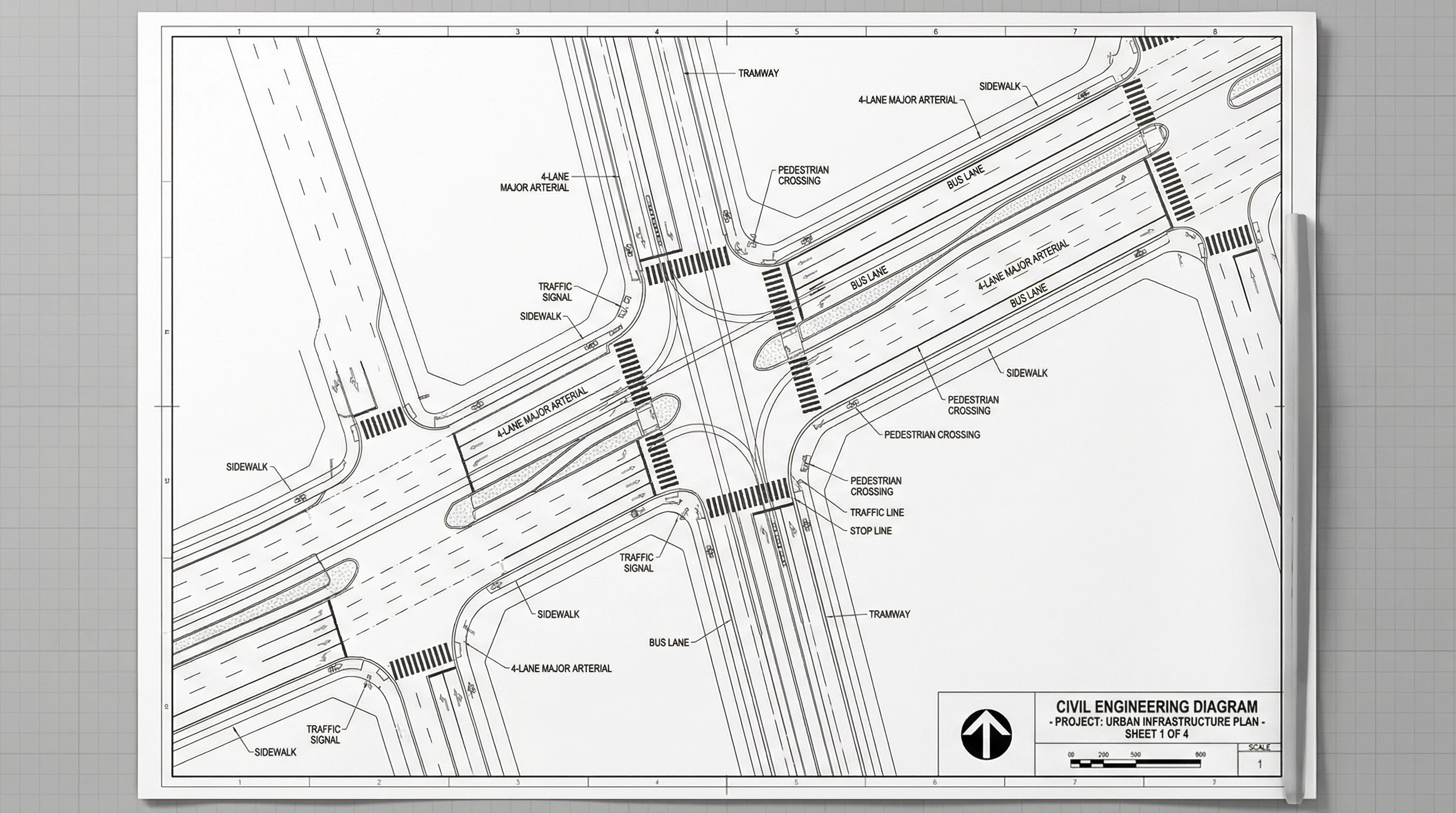 Black and white CAD drawing of a multi-lane road intersection.