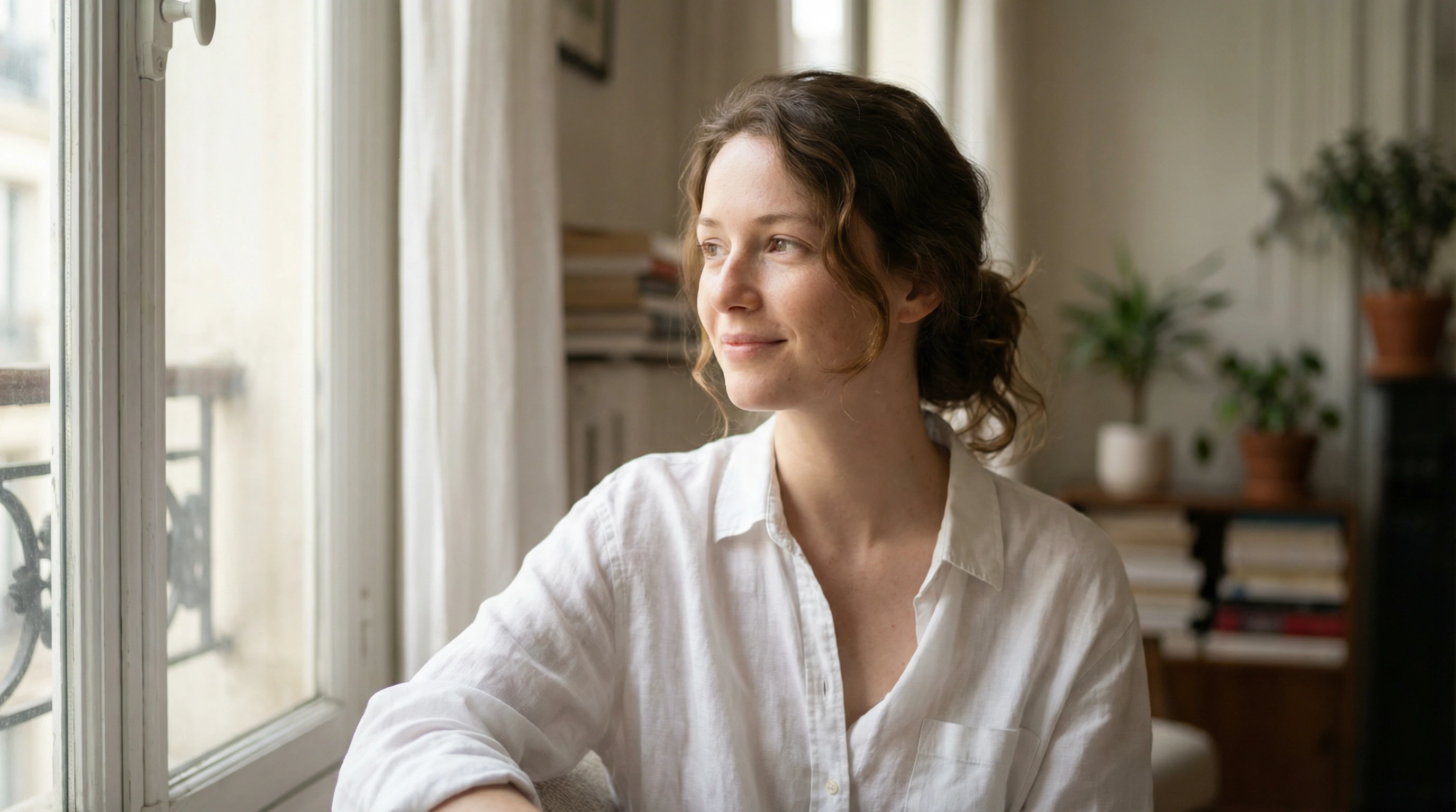 Young French woman in a white shirt sitting by a window.