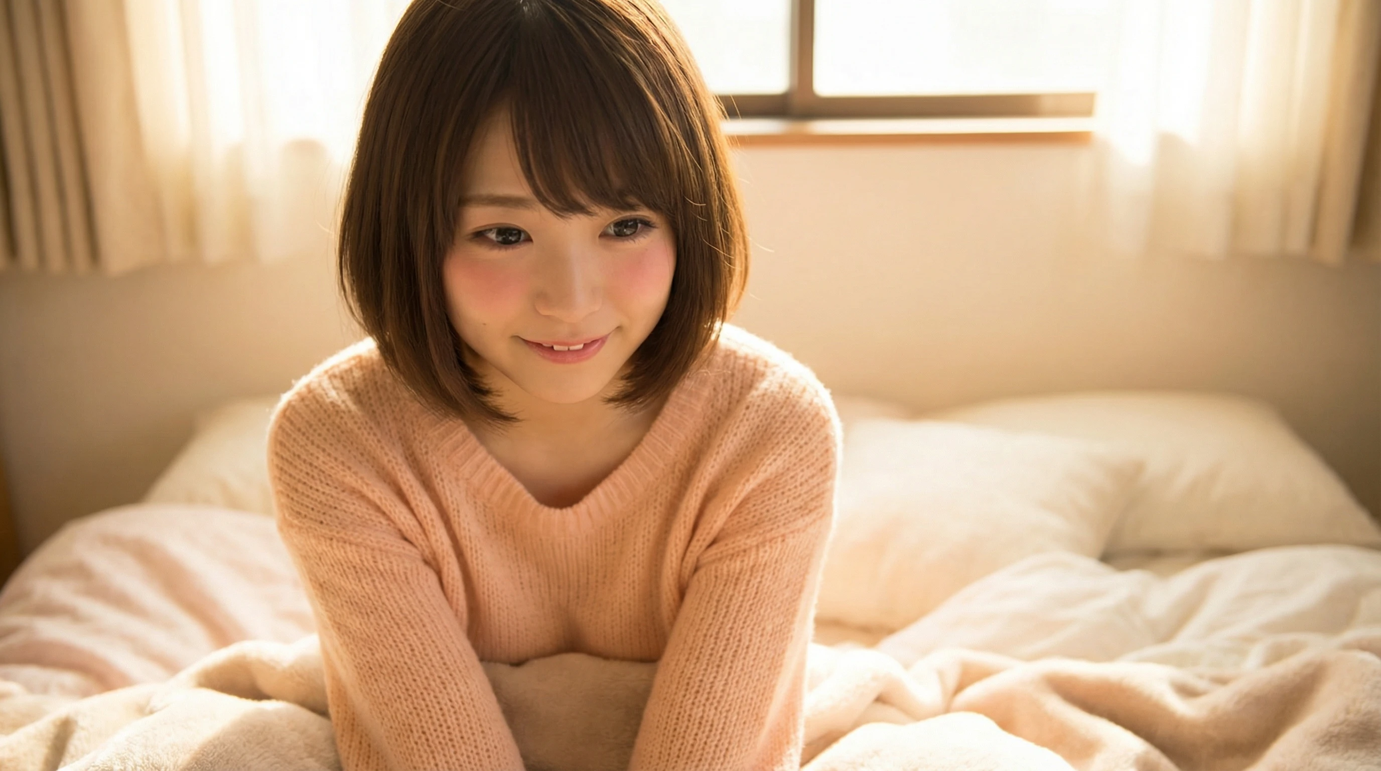 Young Japanese woman with a brown bob sitting on a bed.