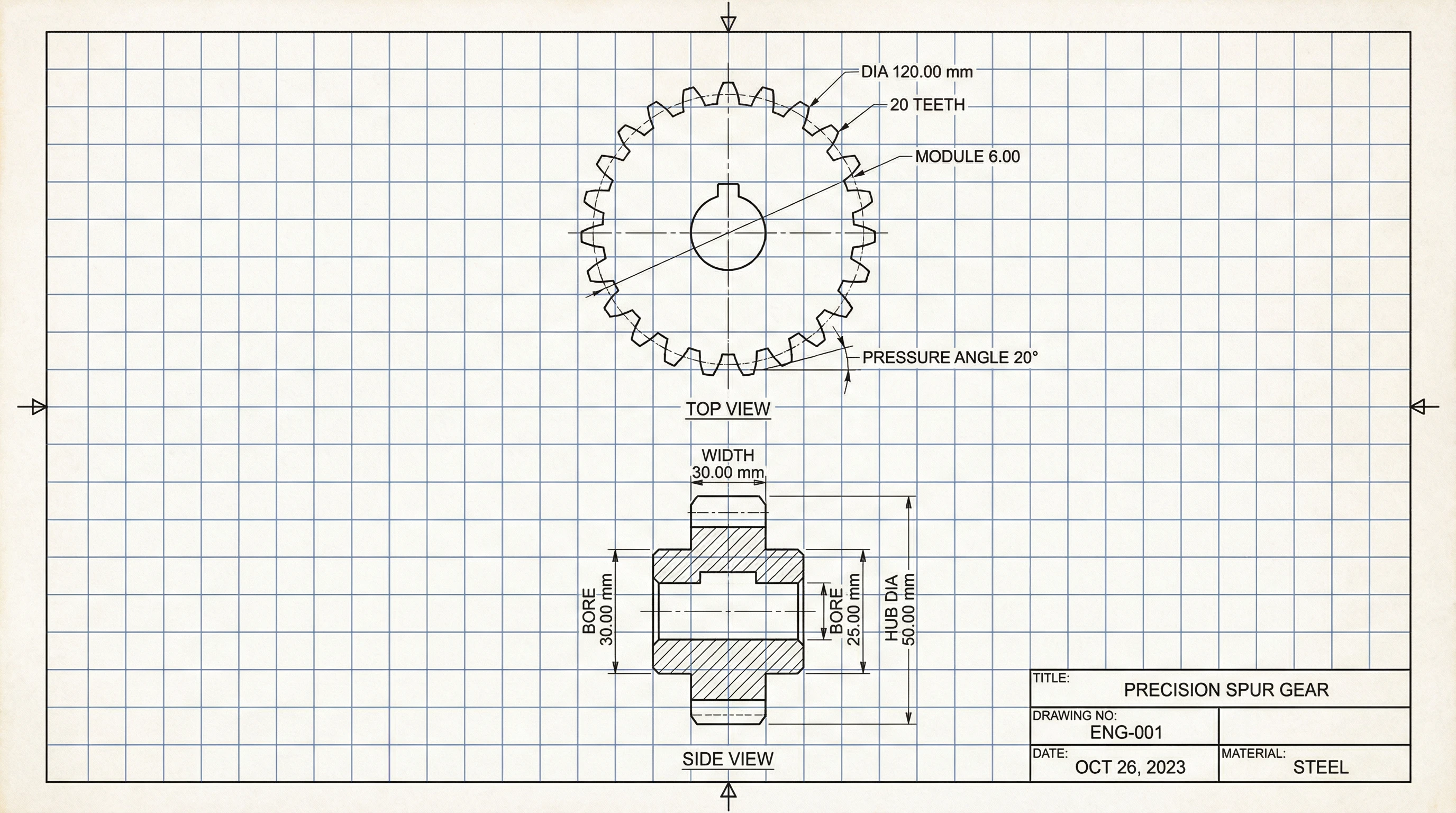 Black and white CAD engineering drawing of a mechanical gear.