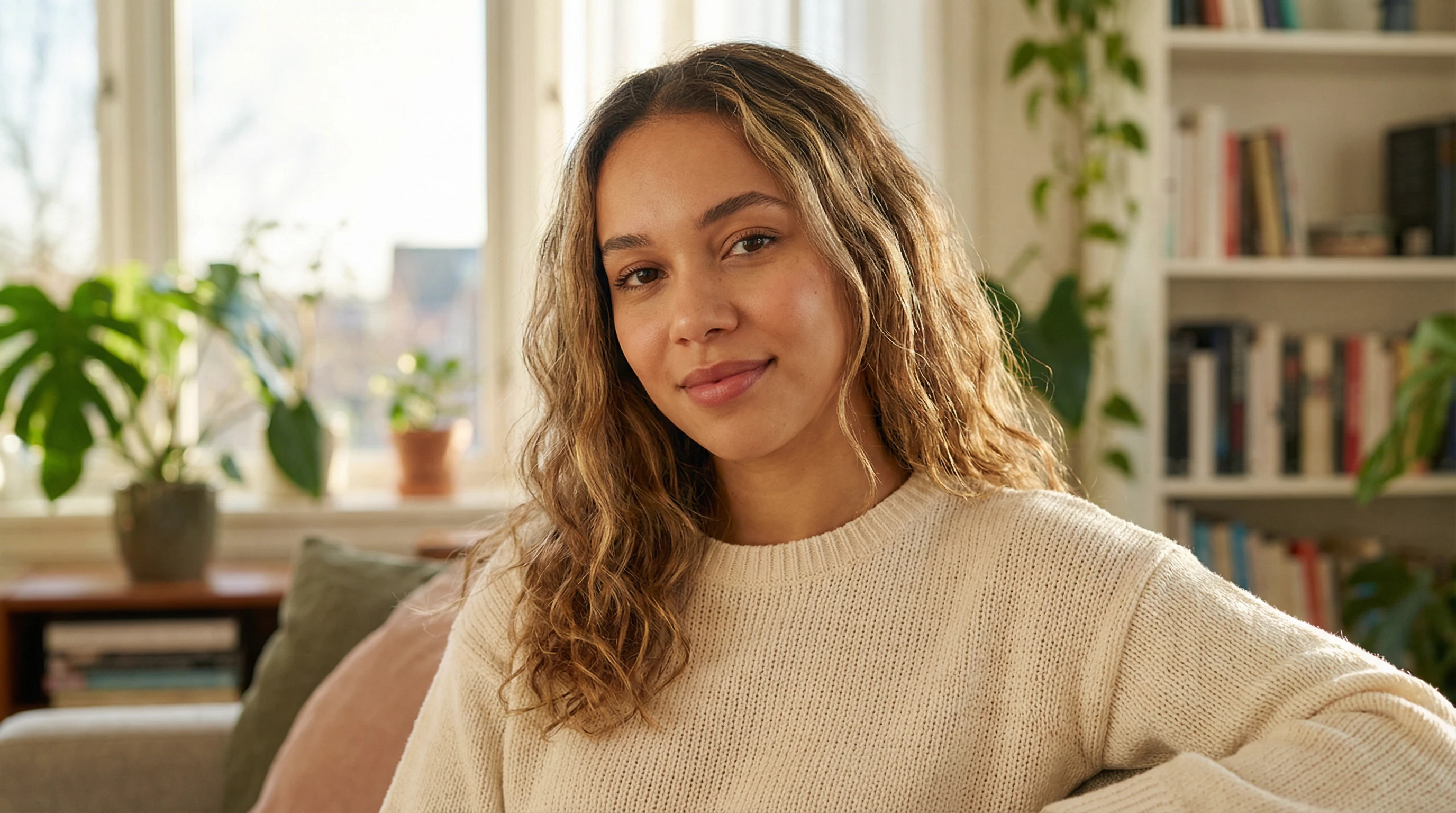 Young mixed-ethnicity woman with wavy hair sitting indoors.