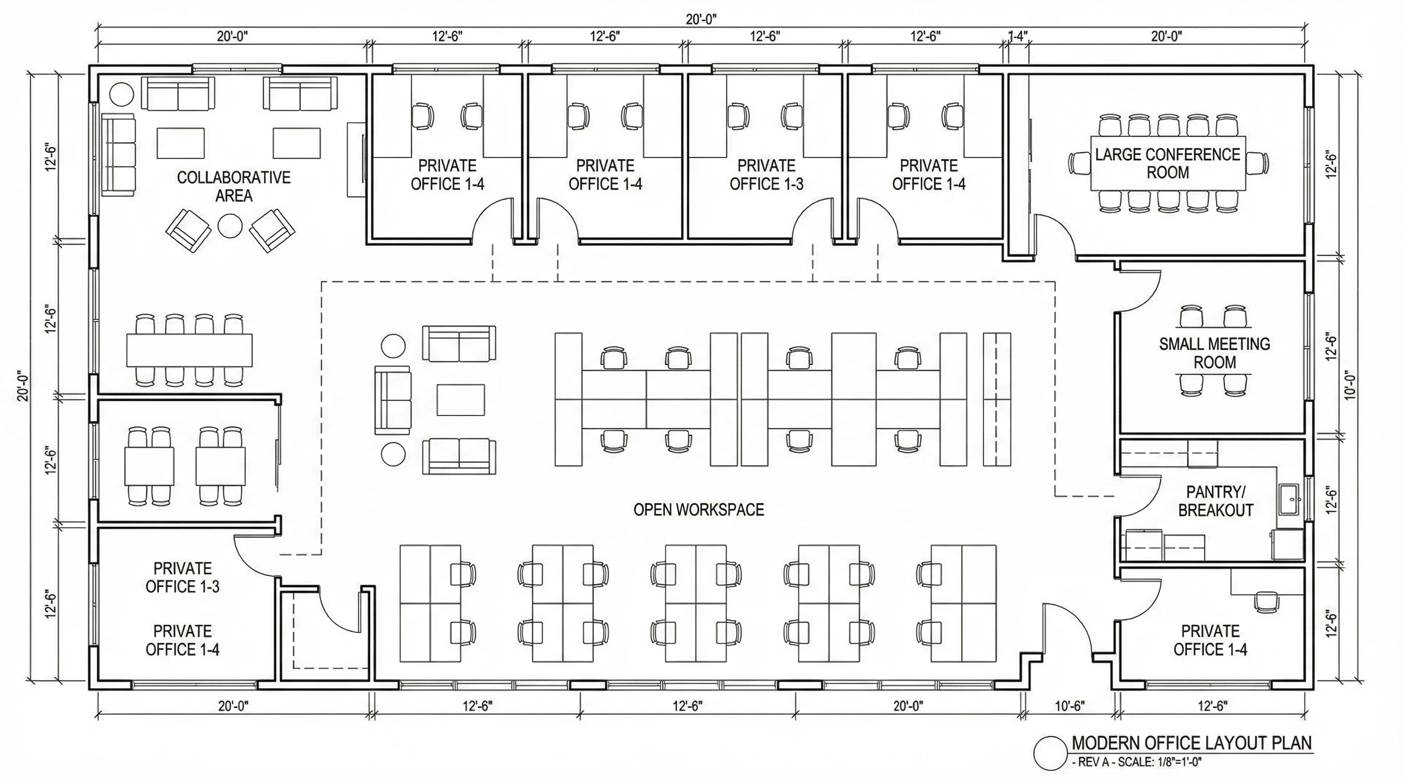 Black and white CAD floor plan of a modern office.