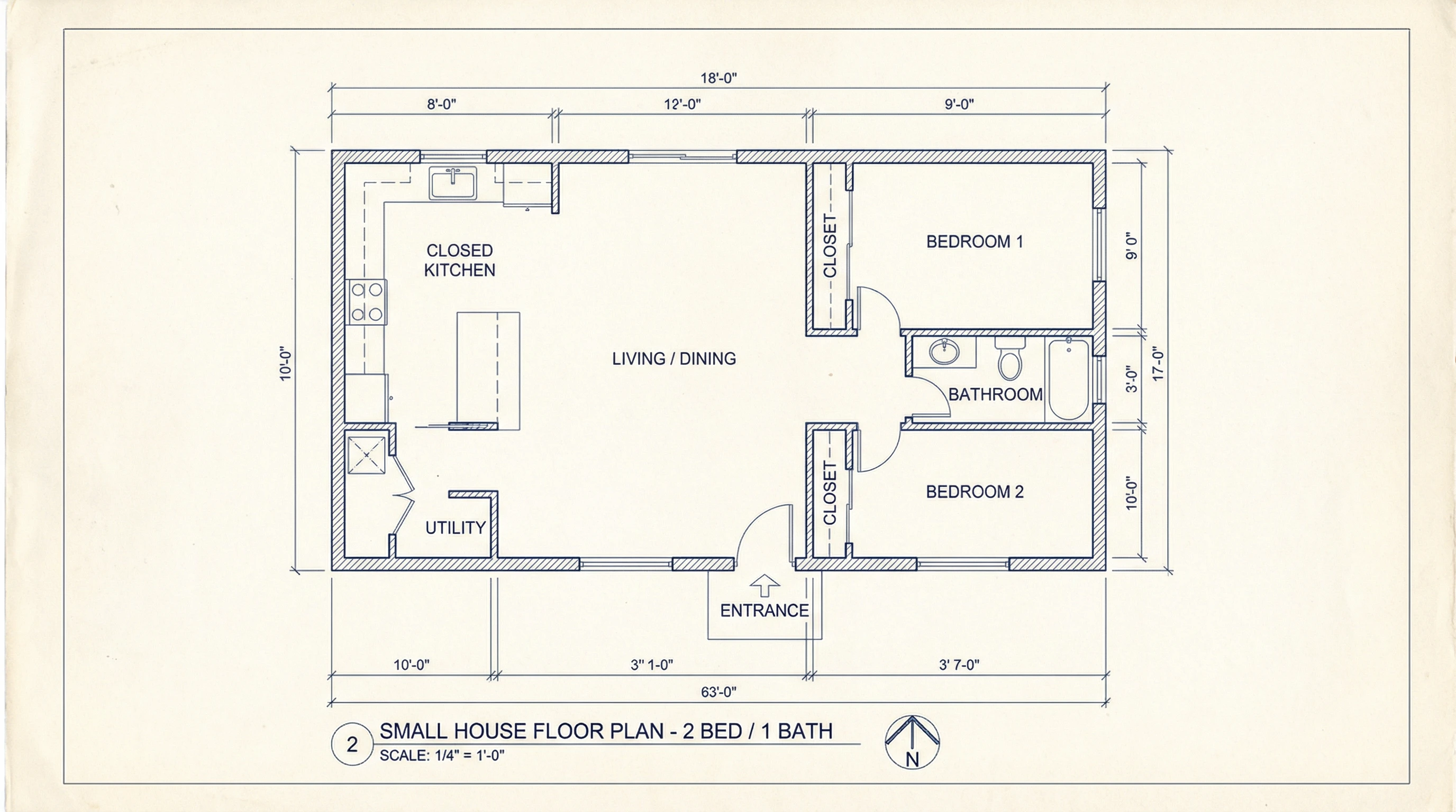 CAD floor plan of a compact 2-bedroom, 1-bathroom house.