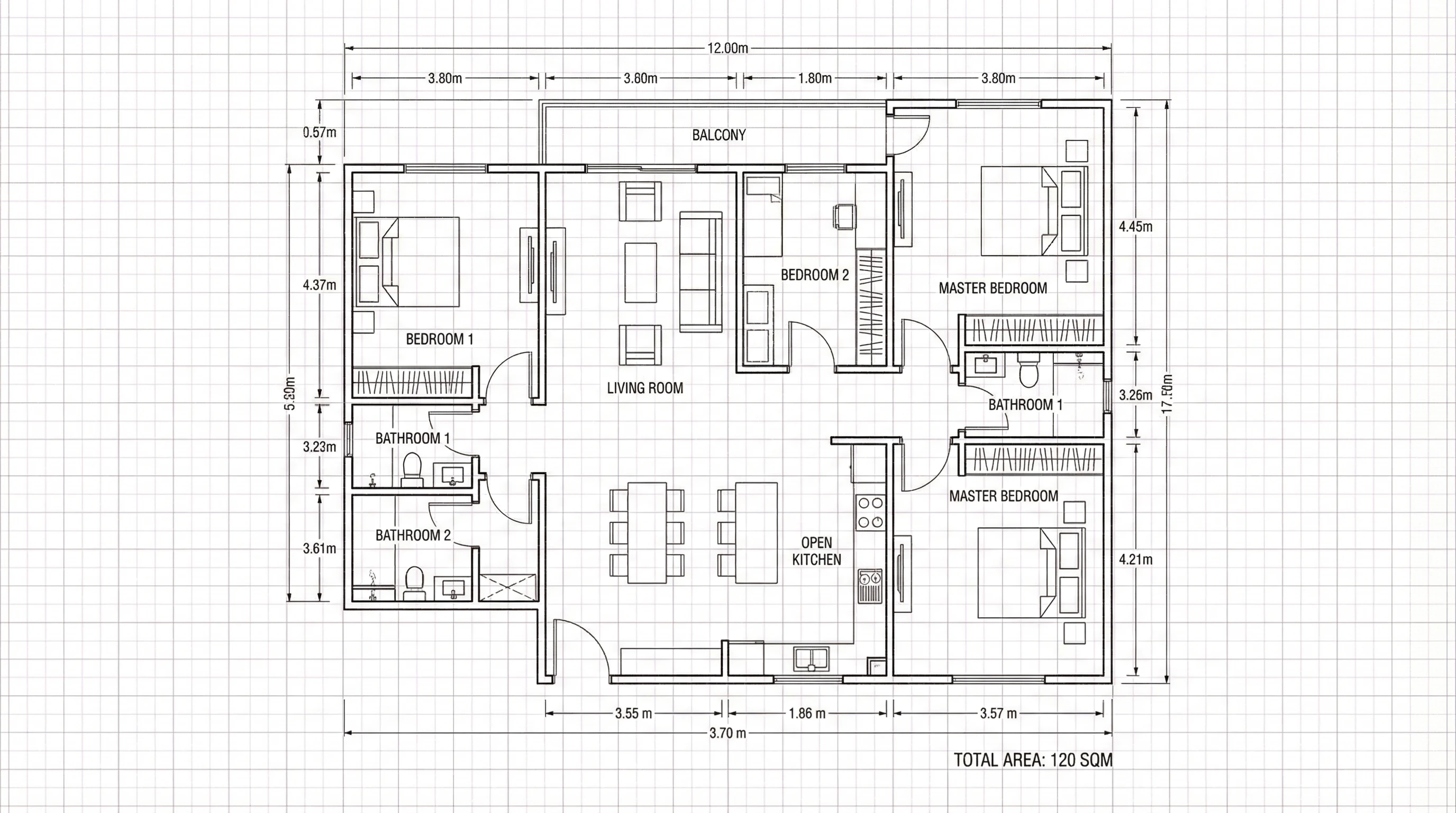 Black and white CAD floor plan of a modern 120 sqm 3-bedroom apartment.