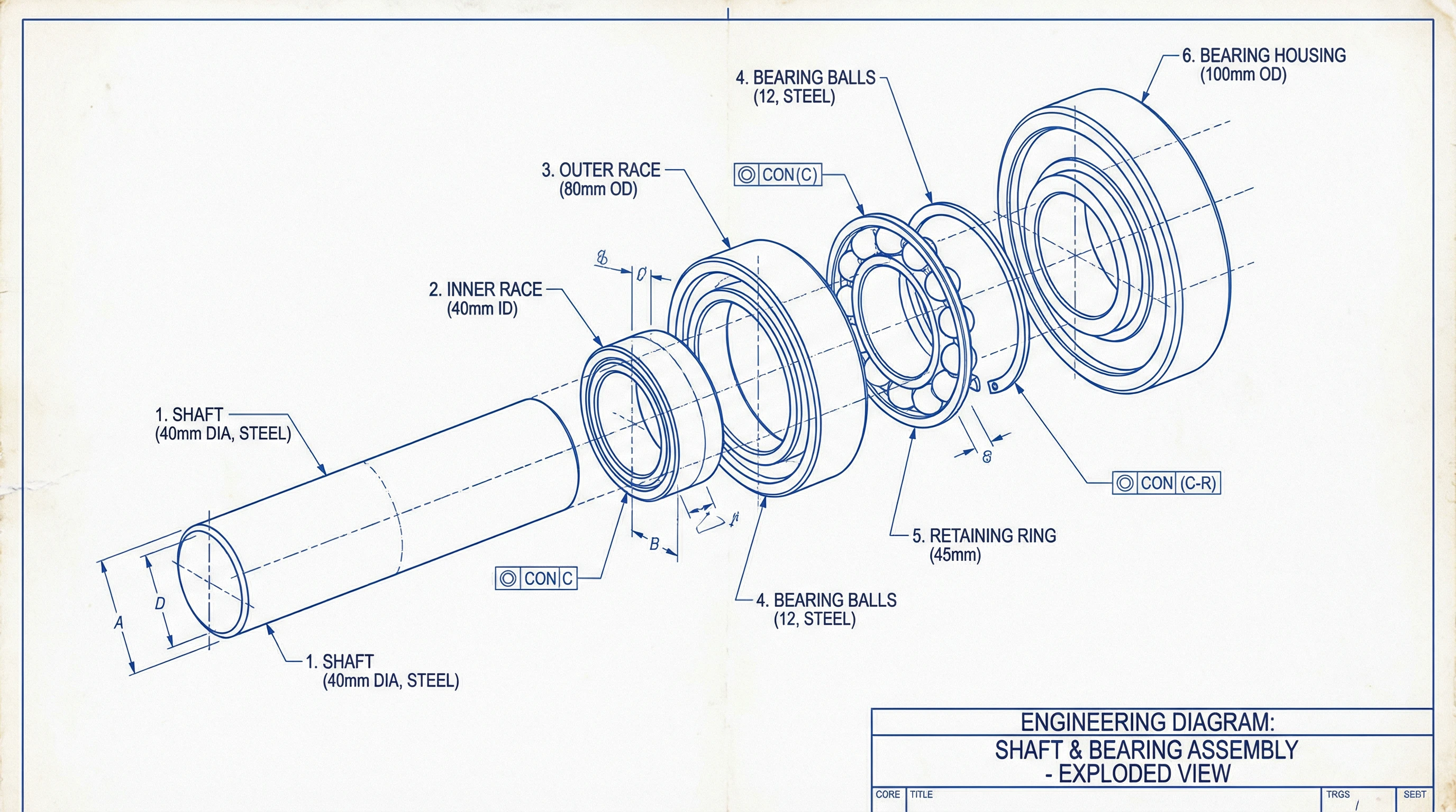 Black and white CAD drawing of a shaft and bearing assembly.
