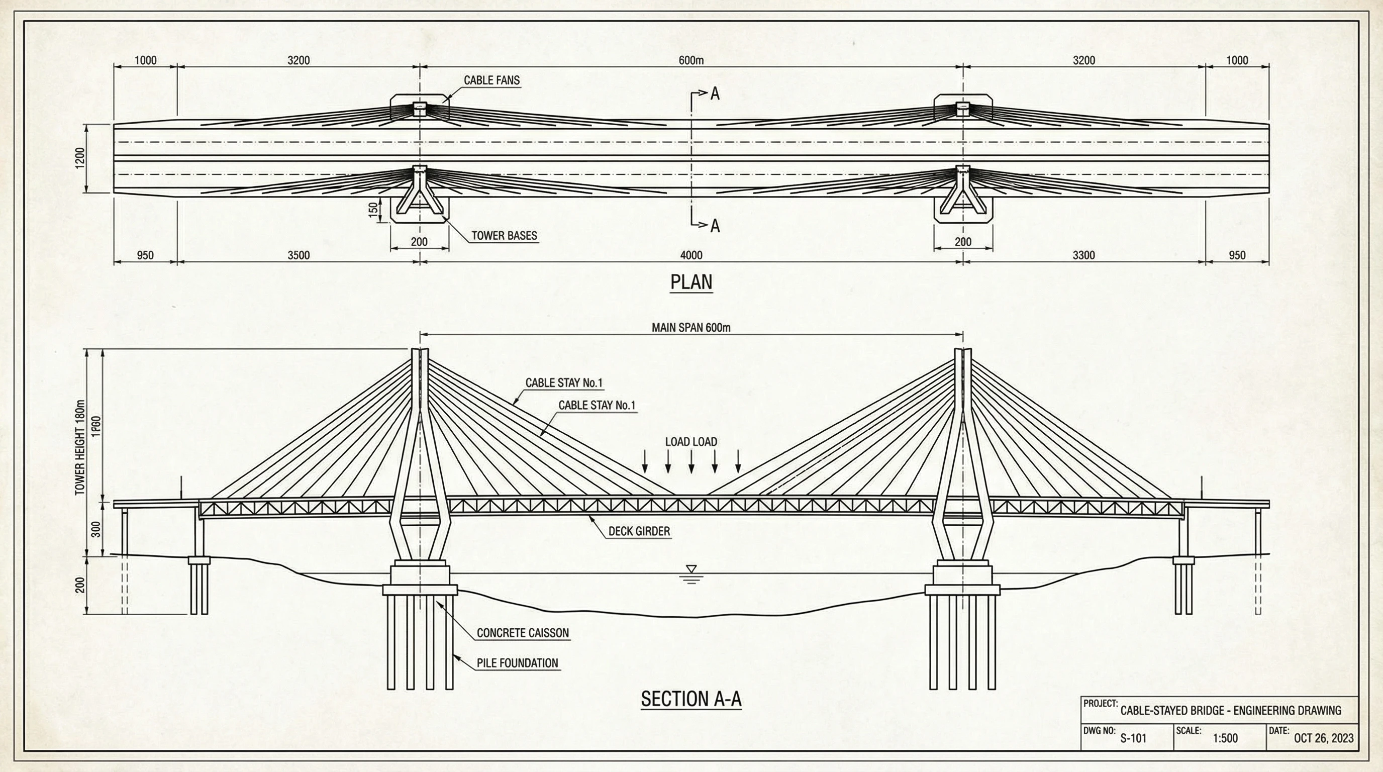 Black and white CAD drawing of a cable-stayed bridge.