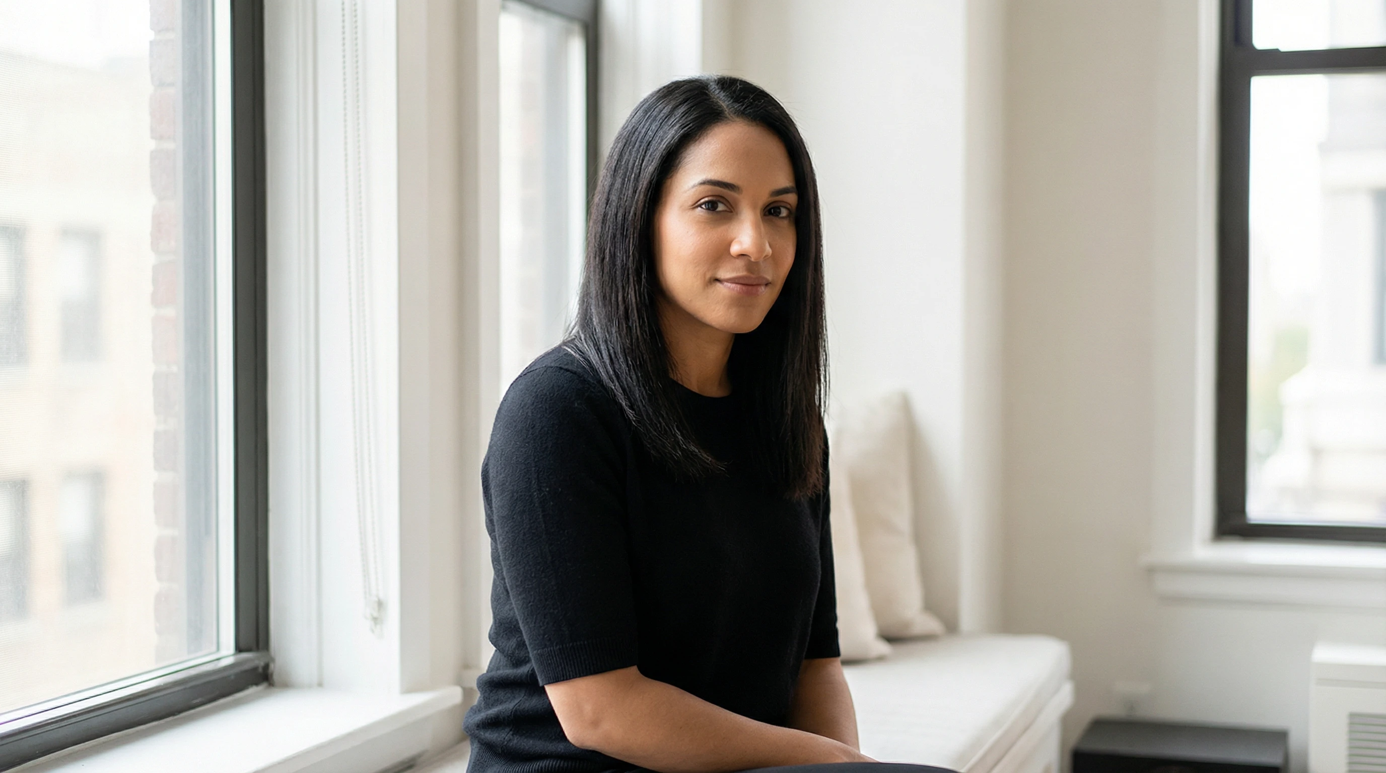 Elegant young woman in a black top sitting by a window.