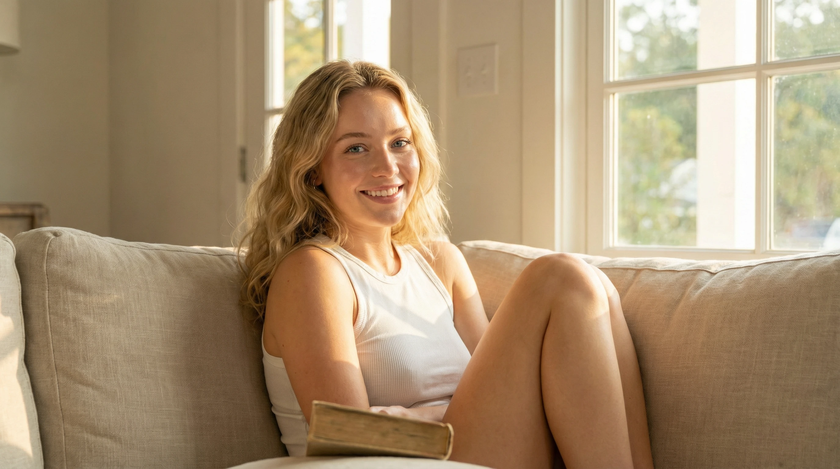 Smiling blonde woman sitting on a couch in the sun.