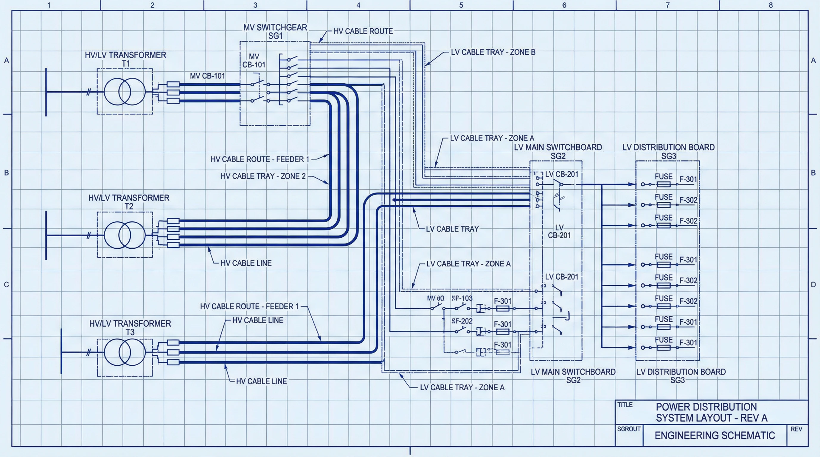 CAD blueprint of an electrical power distribution system layout.