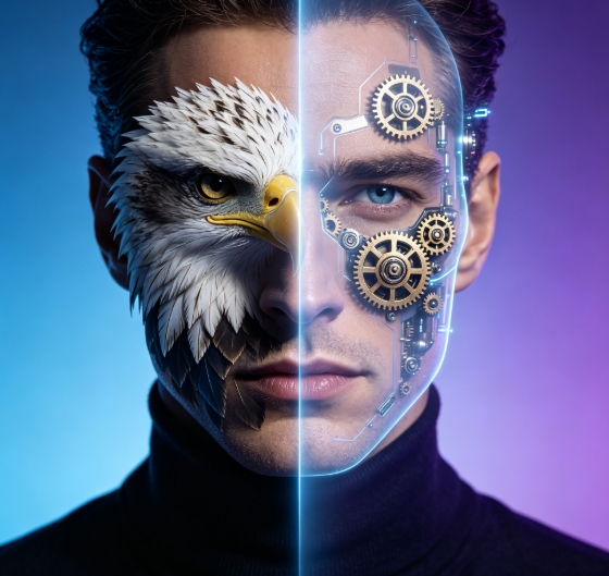 Western man face merged with bald eagle and mechanical gears.