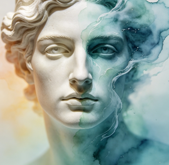 Greek statue half merged with watercolor painting.