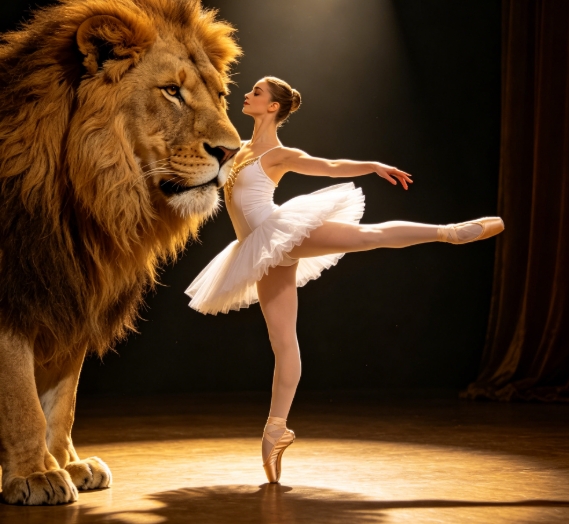 Lion and ballerina character swap on theater stage.