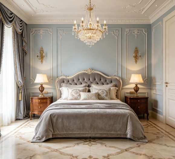 French luxury bedroom with plaster moldings.