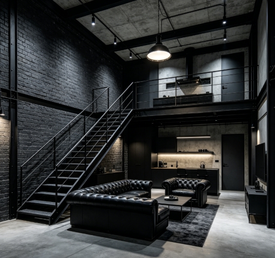 Industrial loft with black brick wall and metal stairs.